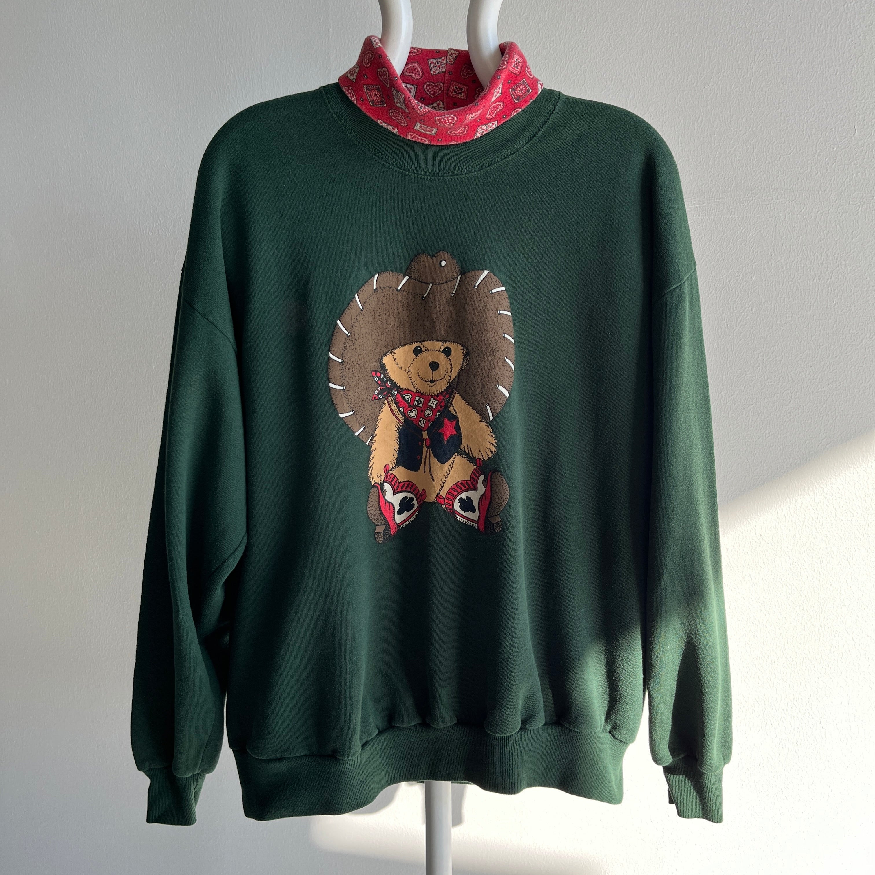 1980s Built In Turtle Neck Cowboy Teddy Bear Sweatshirt - Yes, This Exists