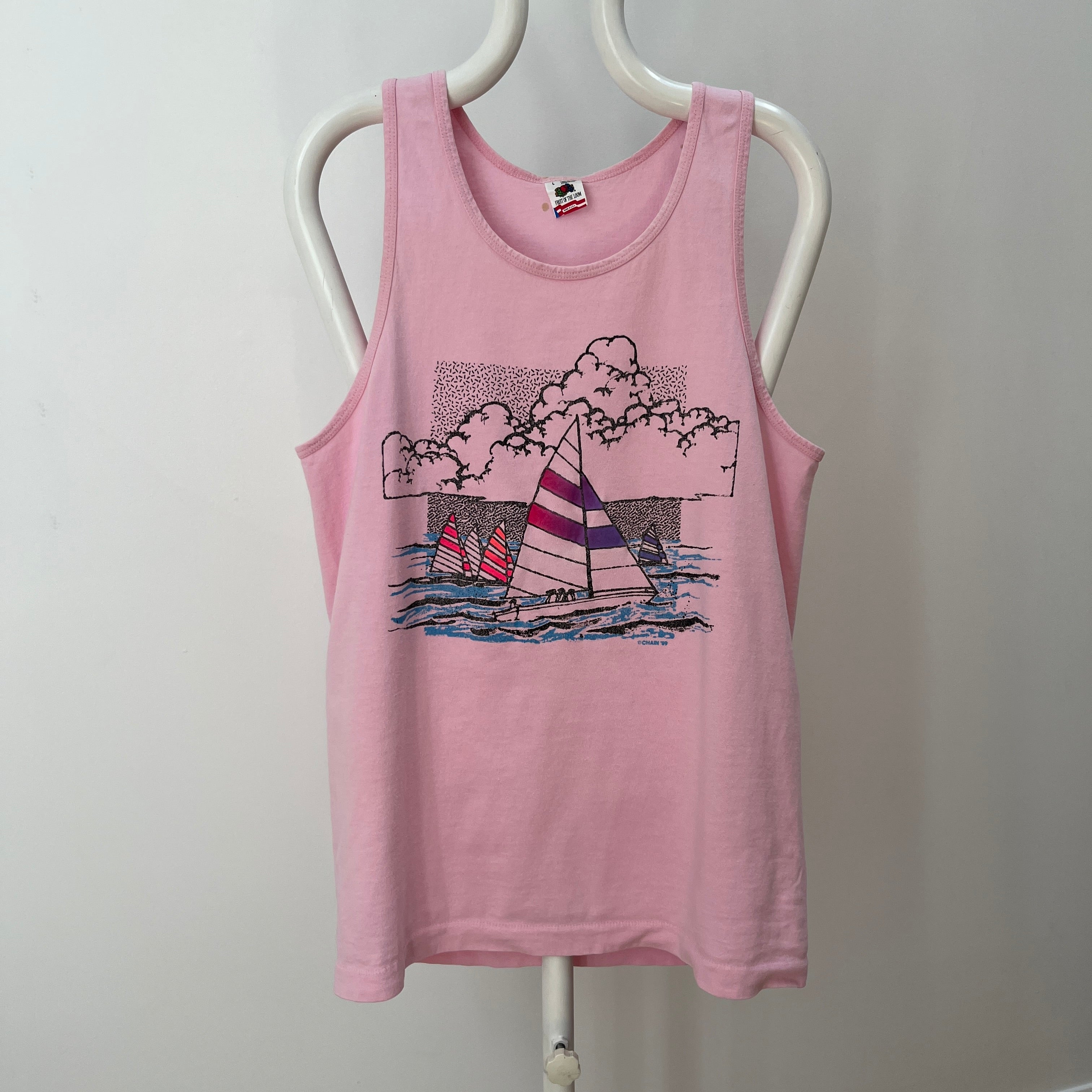 1989 Faded Pink Sailboat Tank Top with Rust Stains on the Back