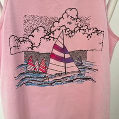 1989 Faded Pink Sailboat Tank Top with Rust Stains on the Back