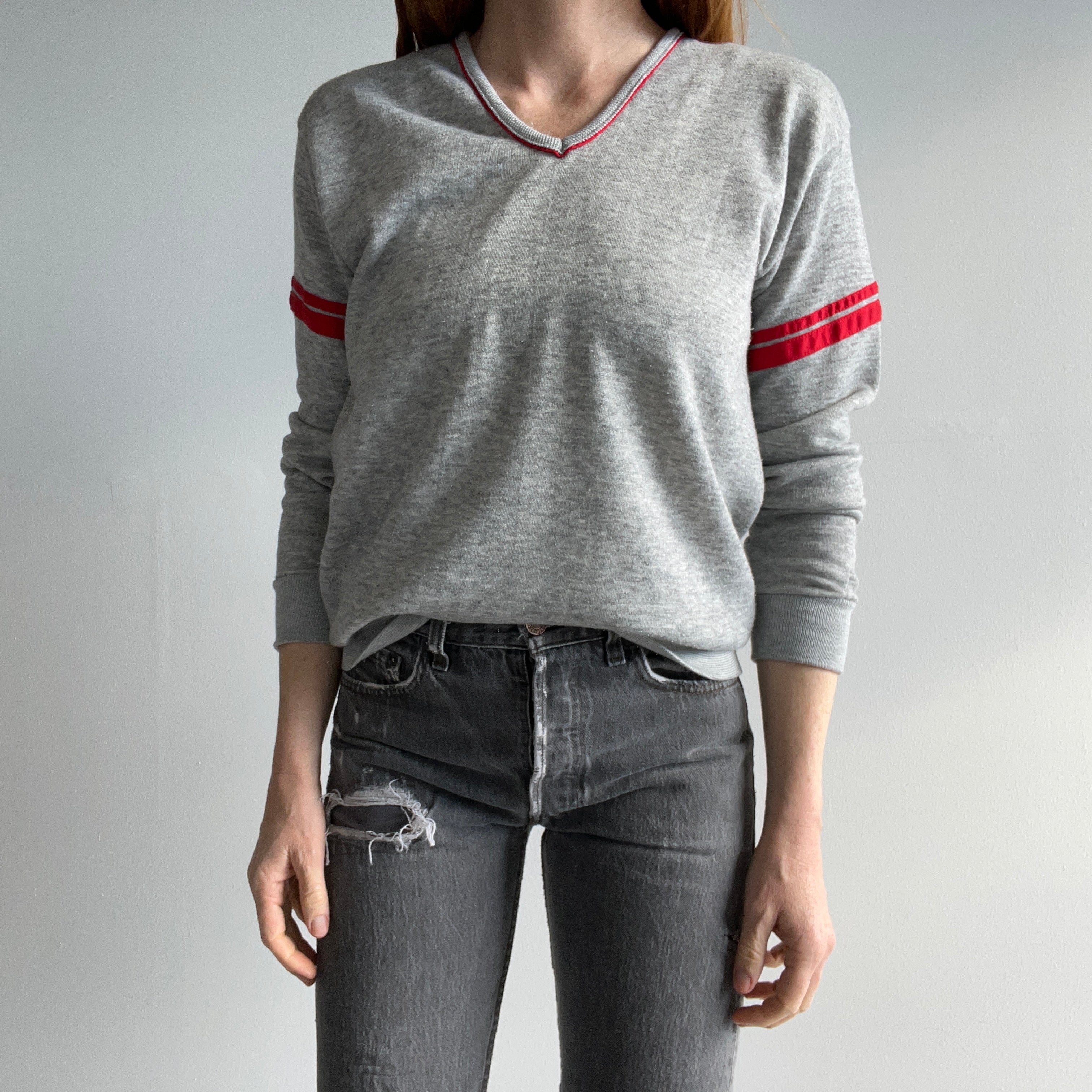 1980s Super Cool Gray and Red V-Neck Sweatshirt