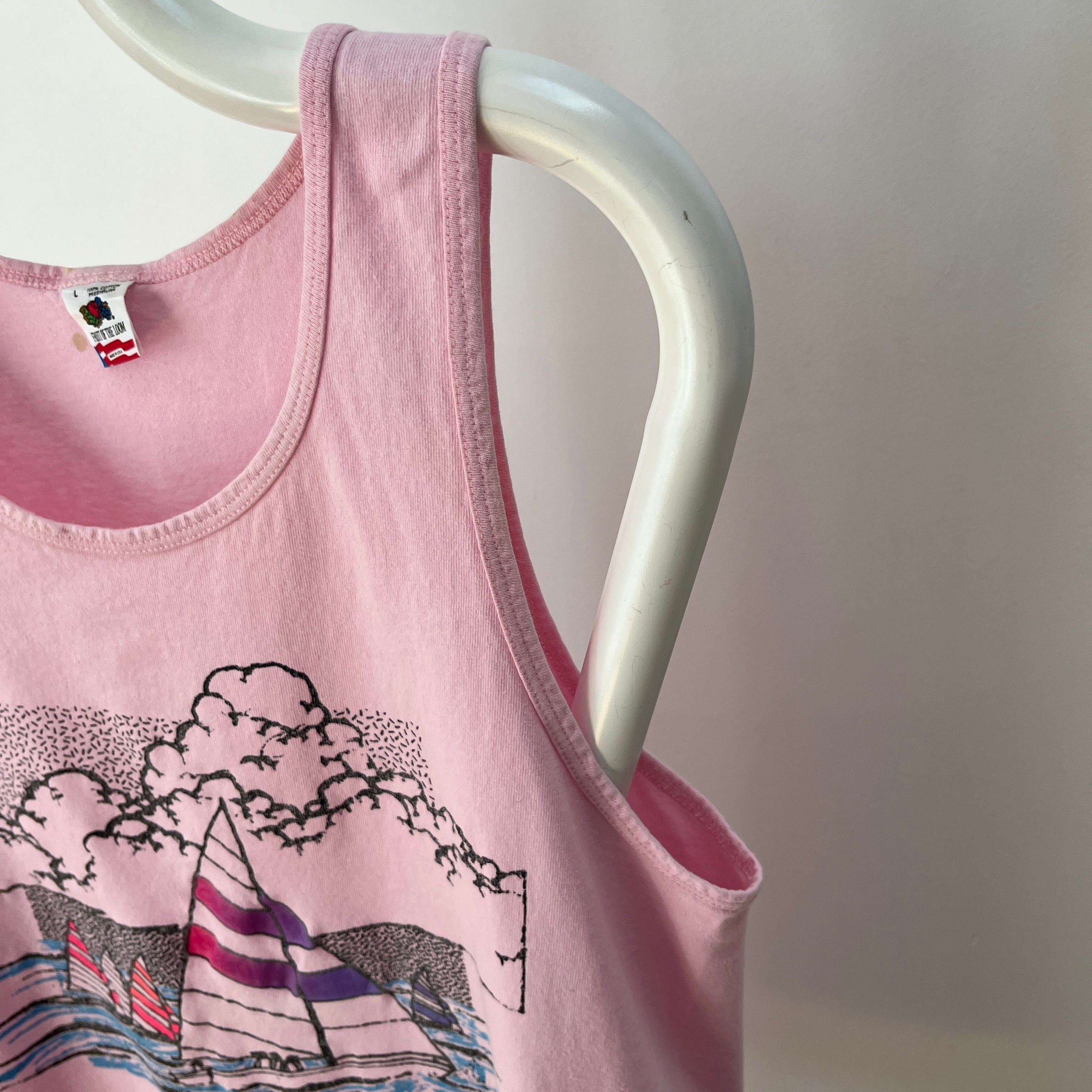 1989 Faded Pink Sailboat Tank Top with Rust Stains on the Back