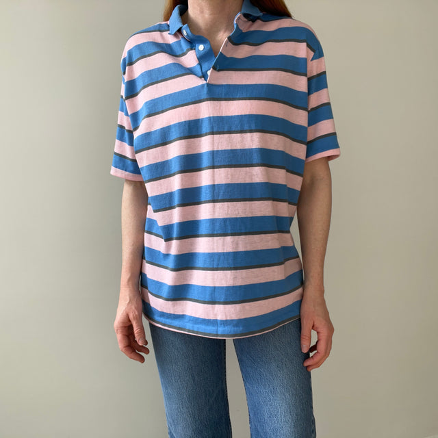 1980s Mervyn's Pink and Blue Striped Polo Shirt