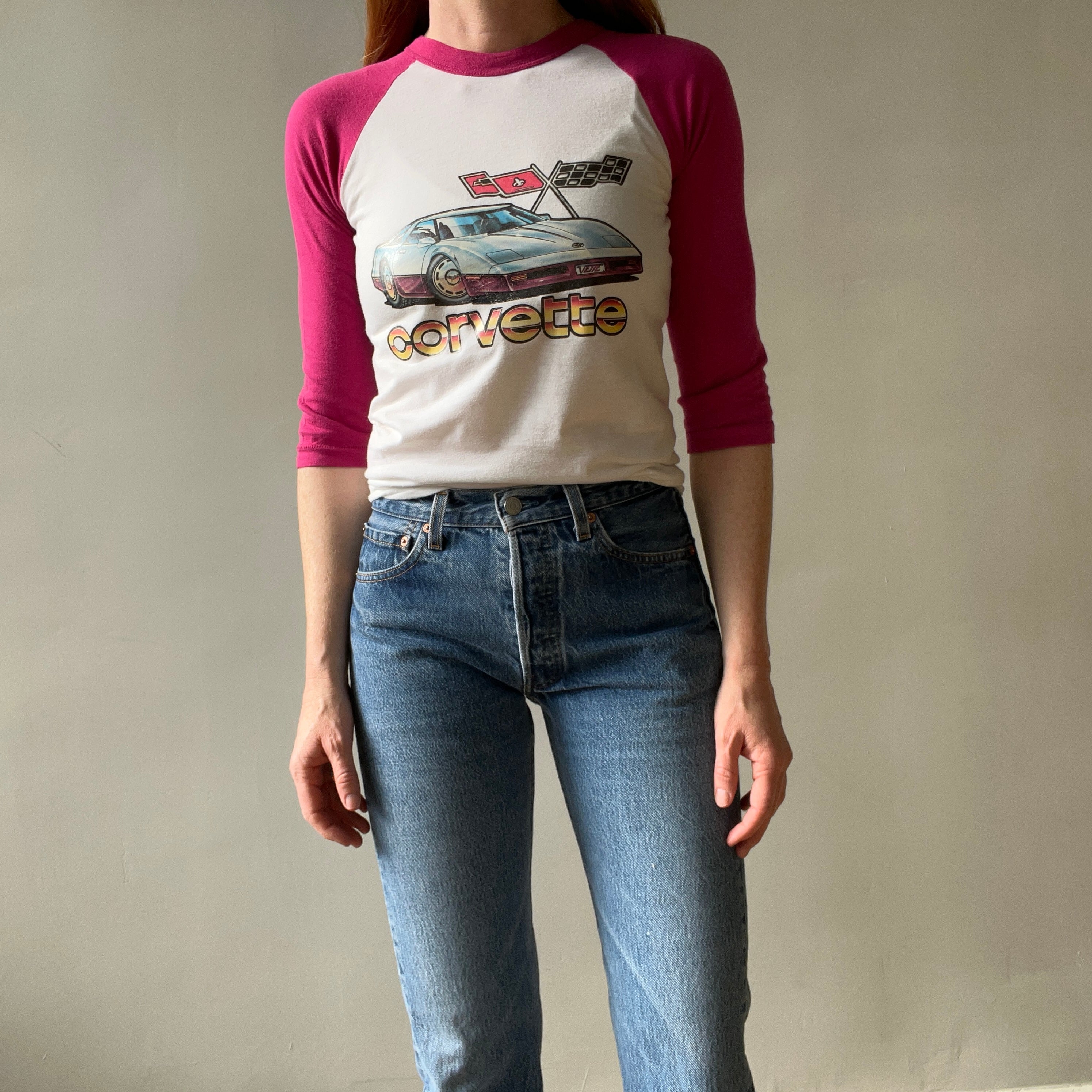 1970s Corvette Pink and White Baseball T Shirt