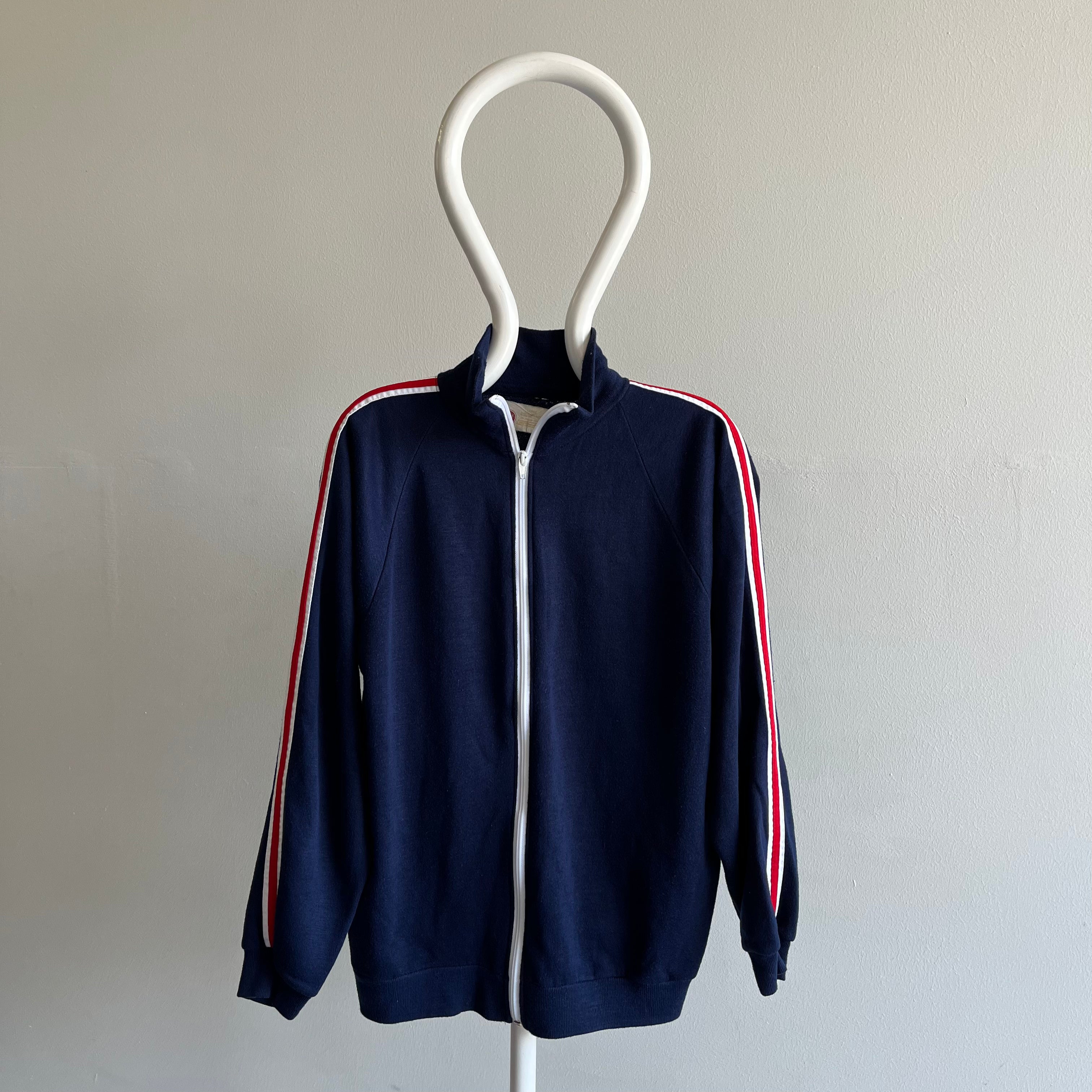 1970s Navy Zip Up with Red and White Sleeve Stripes by Kings Road