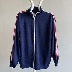 1970s Navy Zip Up with Red and White Sleeve Stripes by Kings Road