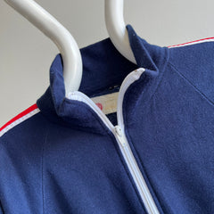 1970s Navy Zip Up with Red and White Sleeve Stripes by Kings Road