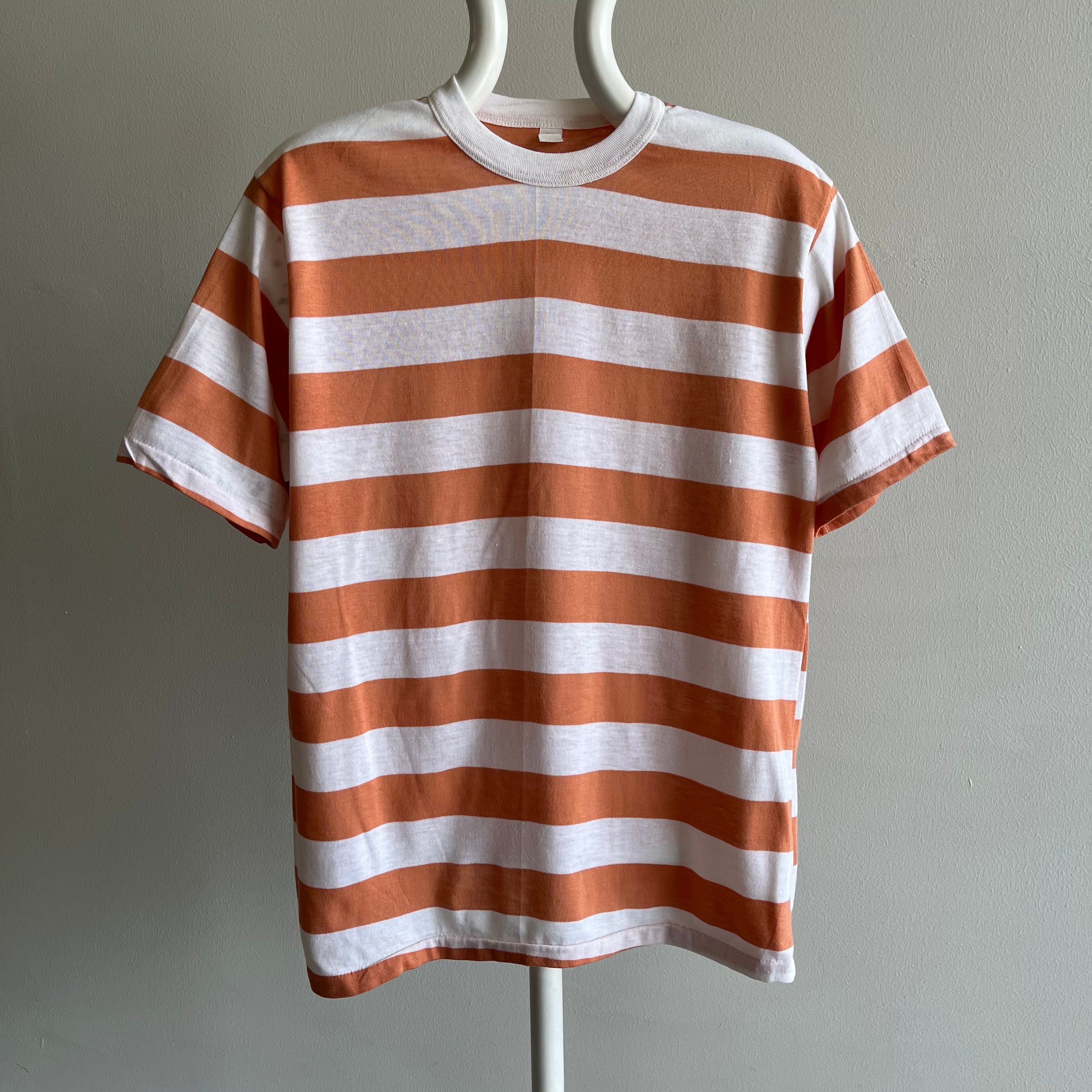 1980s Neutral Striped Barely Worn T-Shirt with Mud Splatters