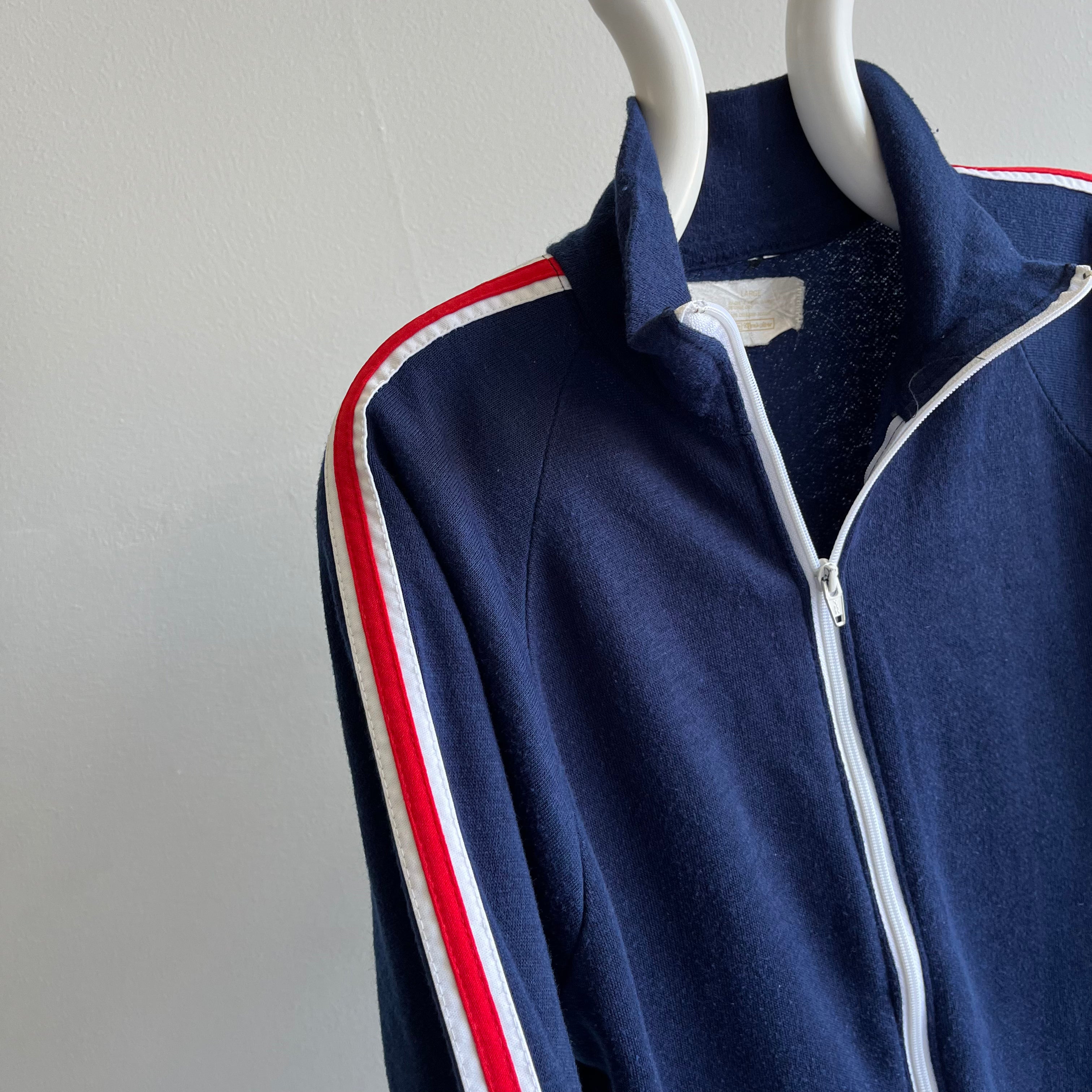 1970s Navy Zip Up with Red and White Sleeve Stripes by Kings Road