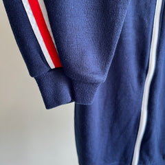 1970s Navy Zip Up with Red and White Sleeve Stripes by Kings Road