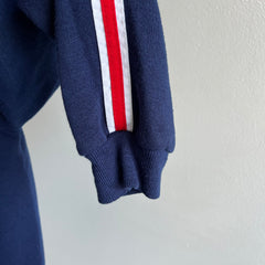 1970s Navy Zip Up with Red and White Sleeve Stripes by Kings Road