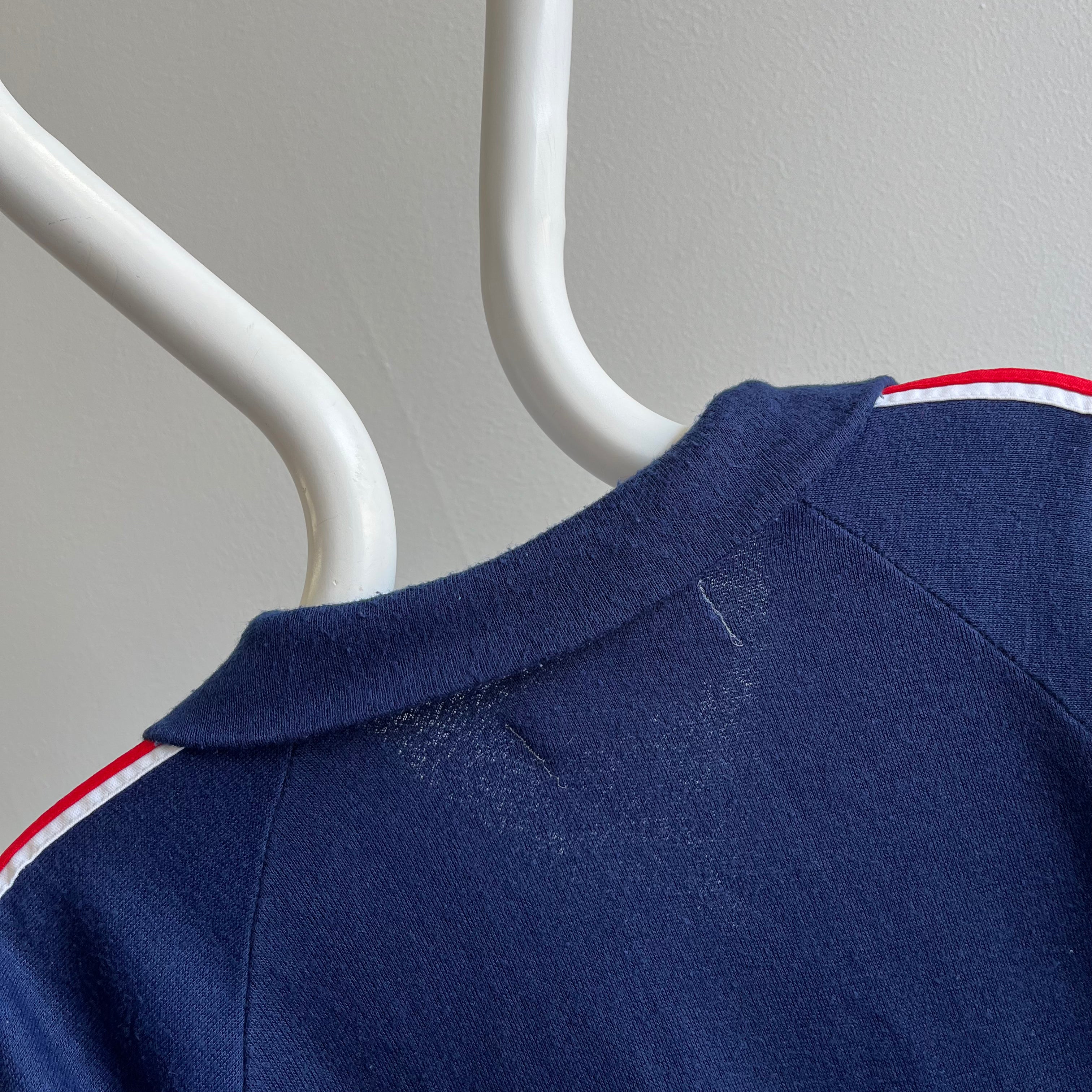 1970s Navy Zip Up with Red and White Sleeve Stripes by Kings Road