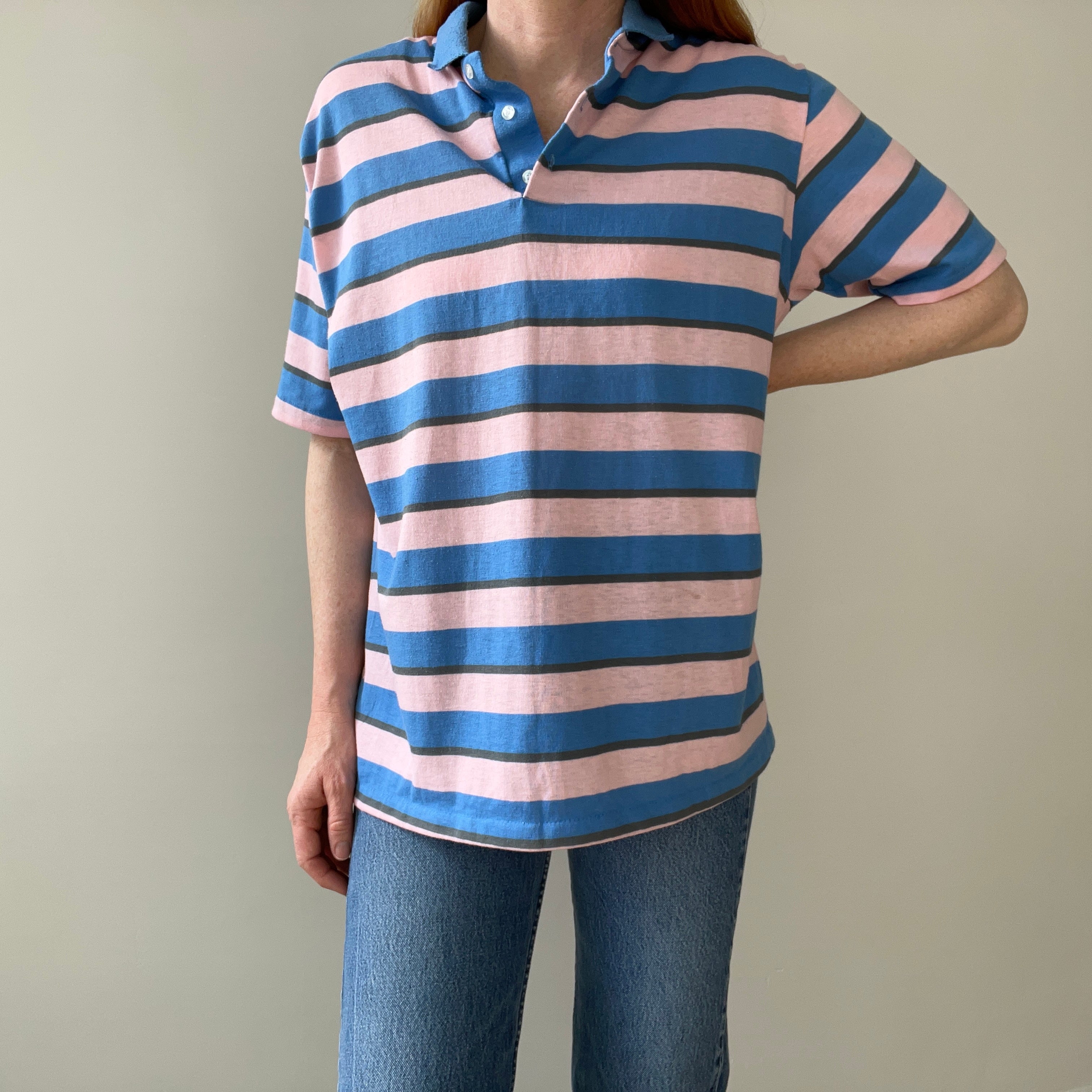 1980s Mervyn's Pink and Blue Striped Polo Shirt