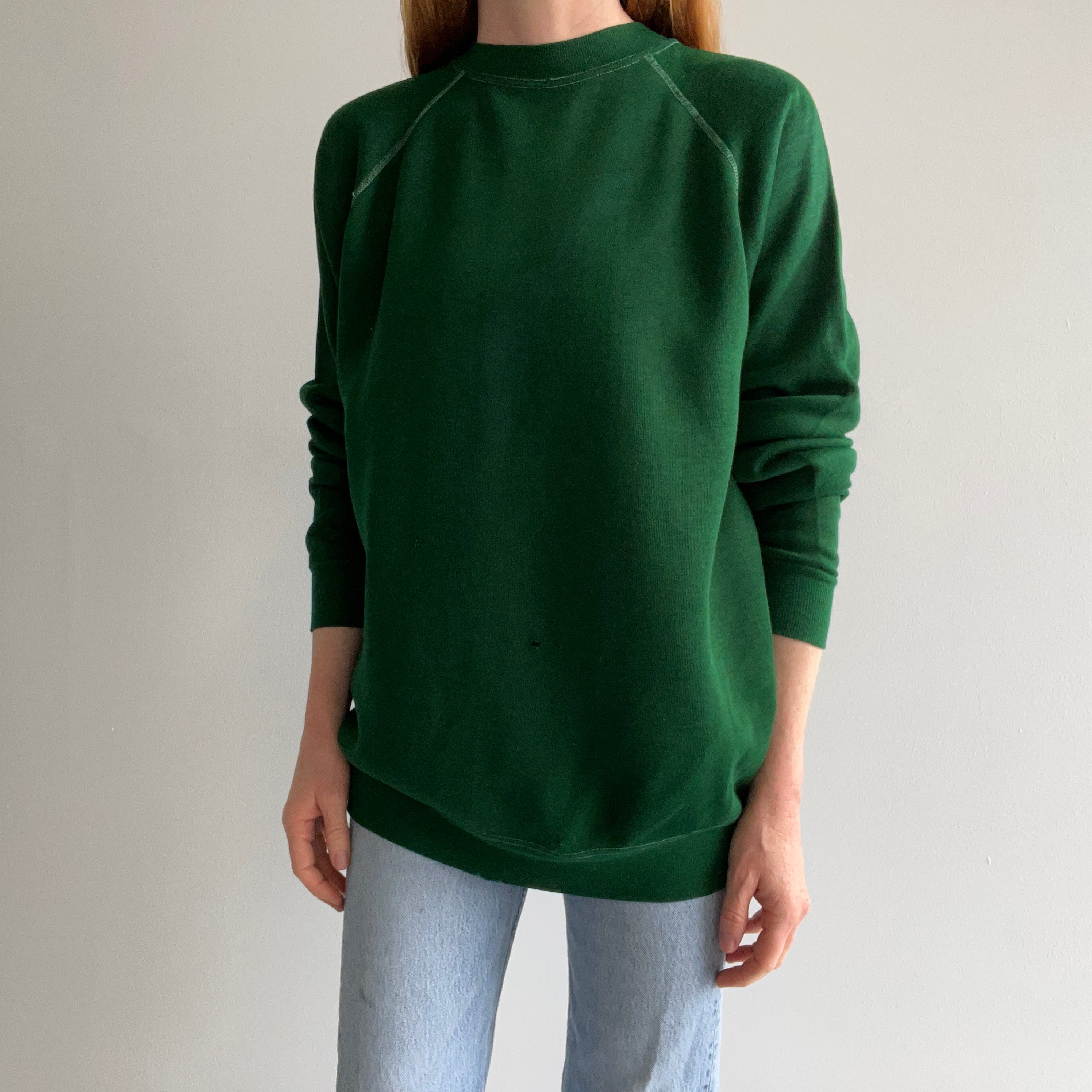 1970s Contrast Stitch Acrylic Deep Green Raglan Sweatshirt - WOW