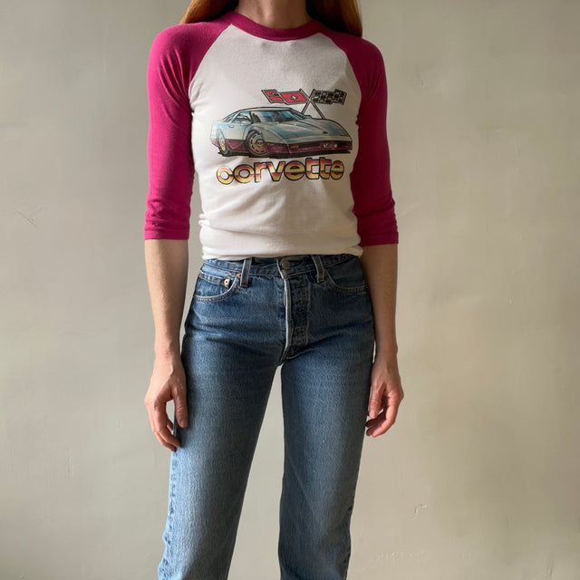 1970s Corvette Pink and White Baseball T Shirt