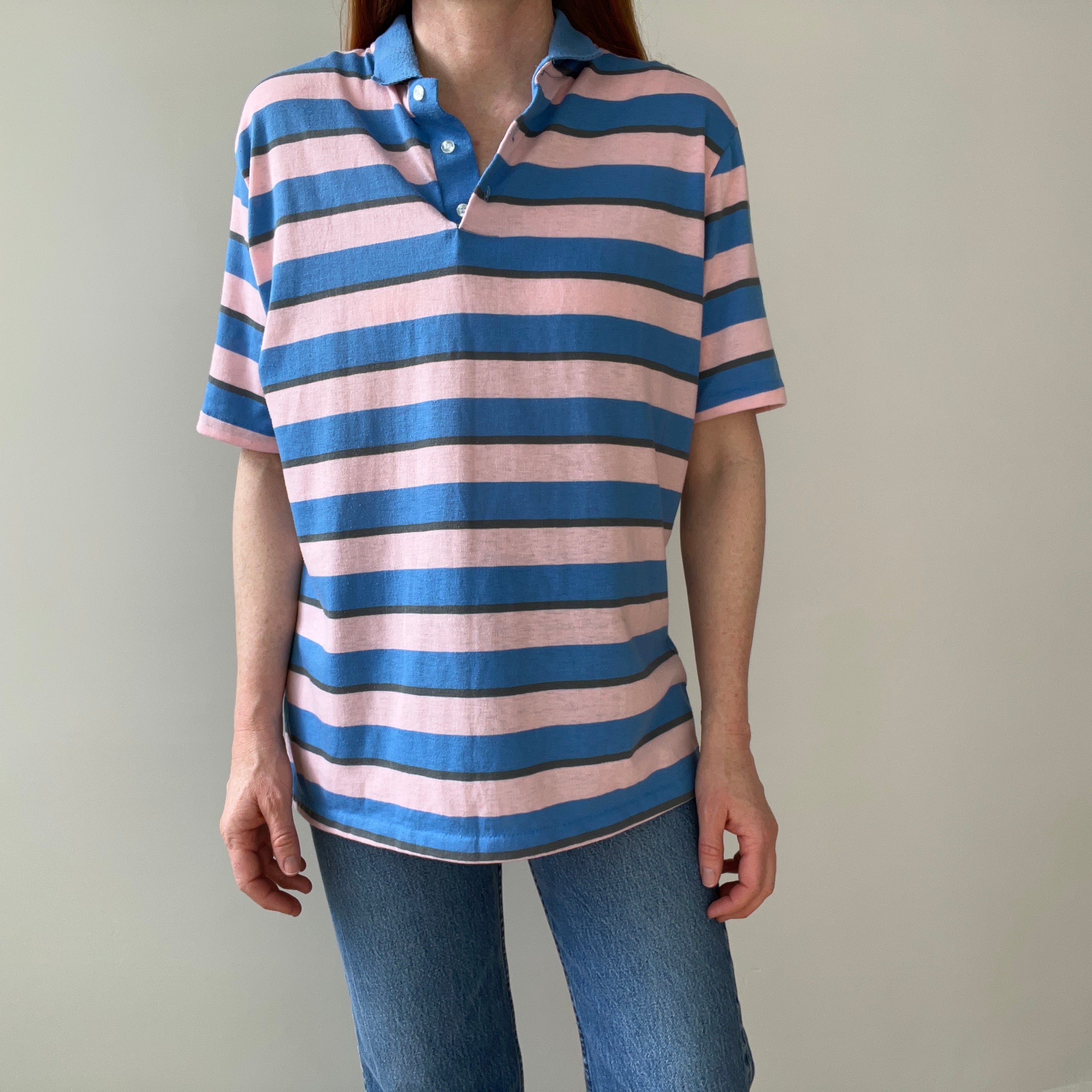 1980s Mervyn's Pink and Blue Striped Polo Shirt