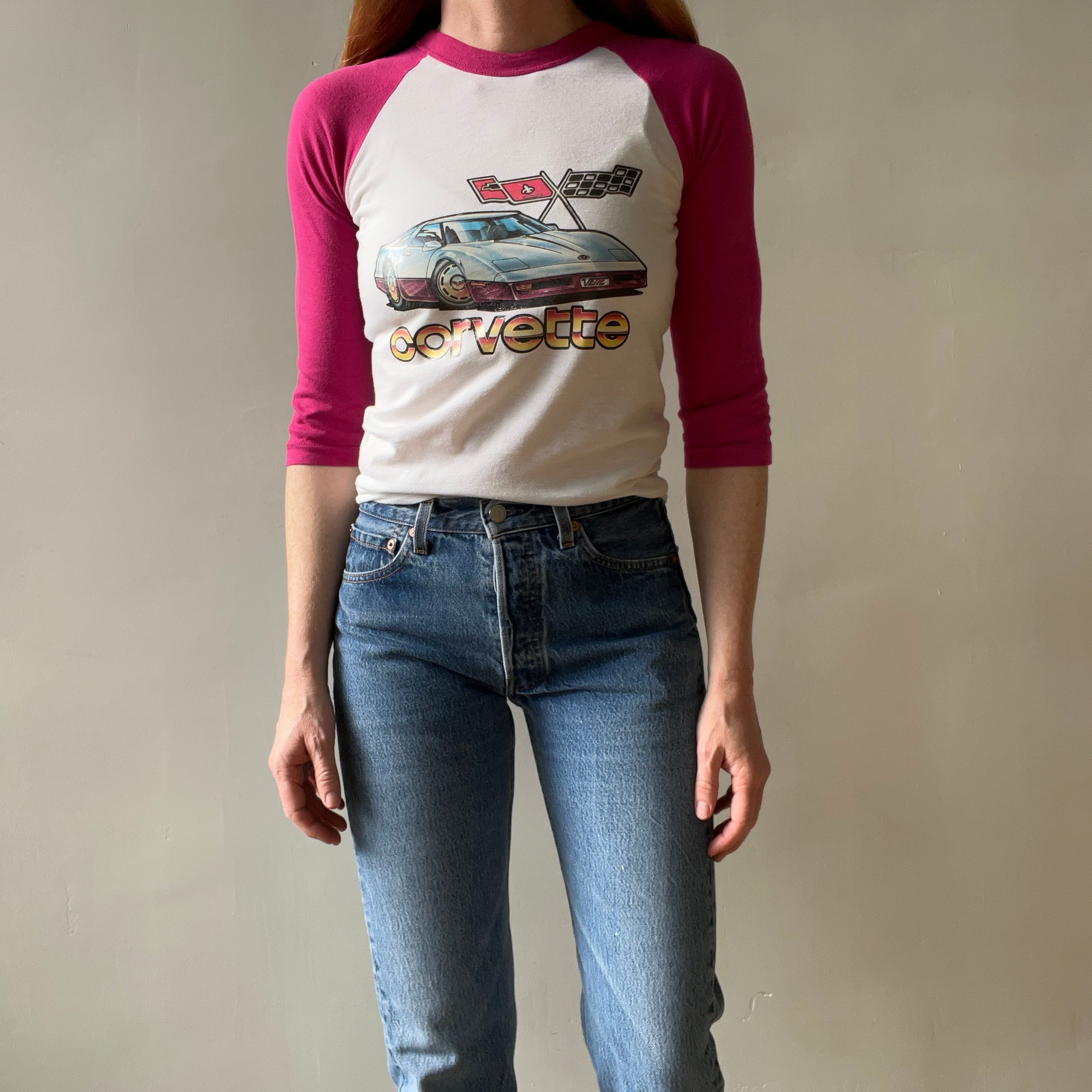 1970s Corvette Pink and White Baseball T Shirt