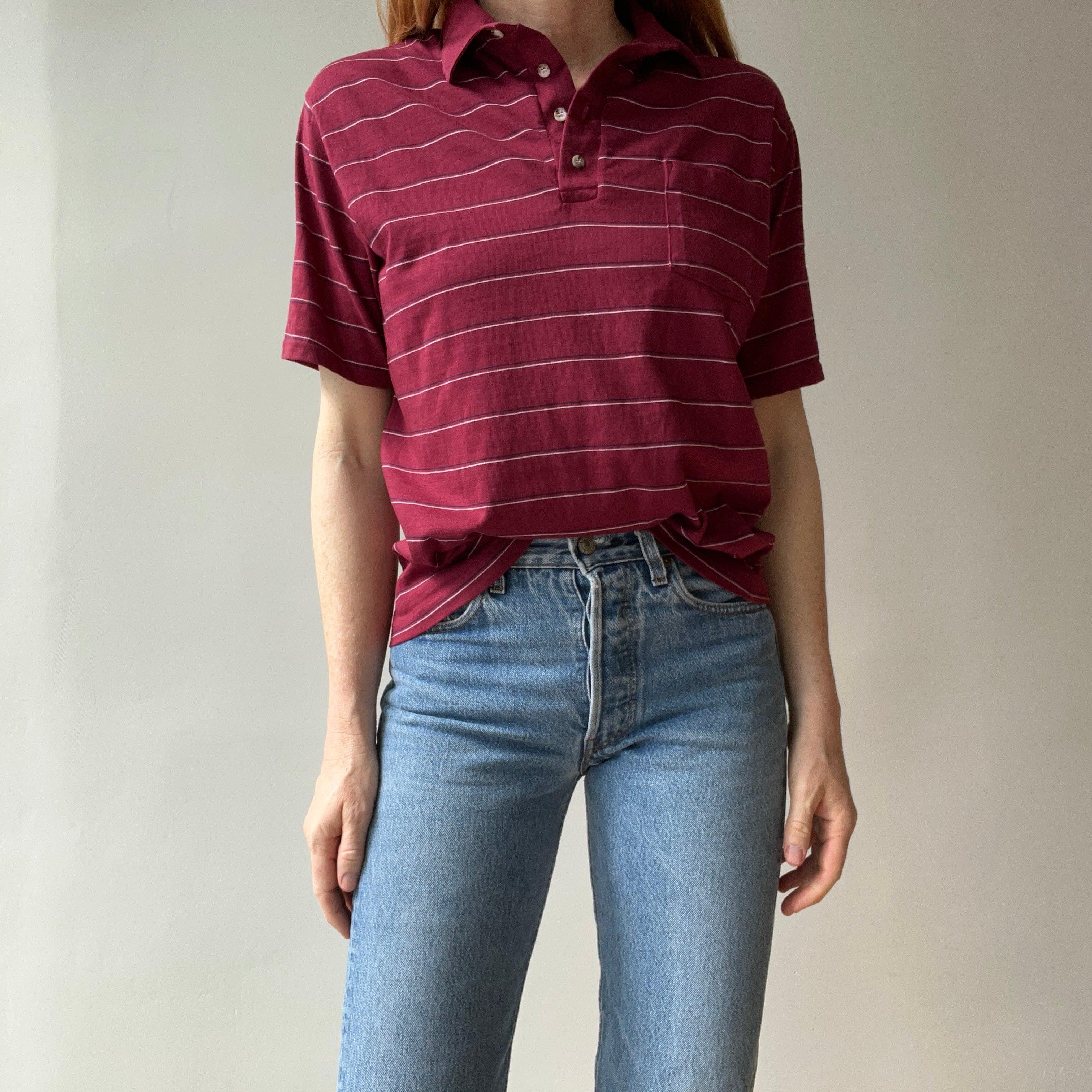 1980s Herman's Lightweight Striped Polo with Small Wear Holes - A DELIGHT