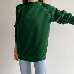 1970s Contrast Stitch Acrylic Deep Green Raglan Sweatshirt - WOW