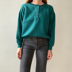 1980s Deep Teal Blue Green Henley Sweatshirt - Fun Fit