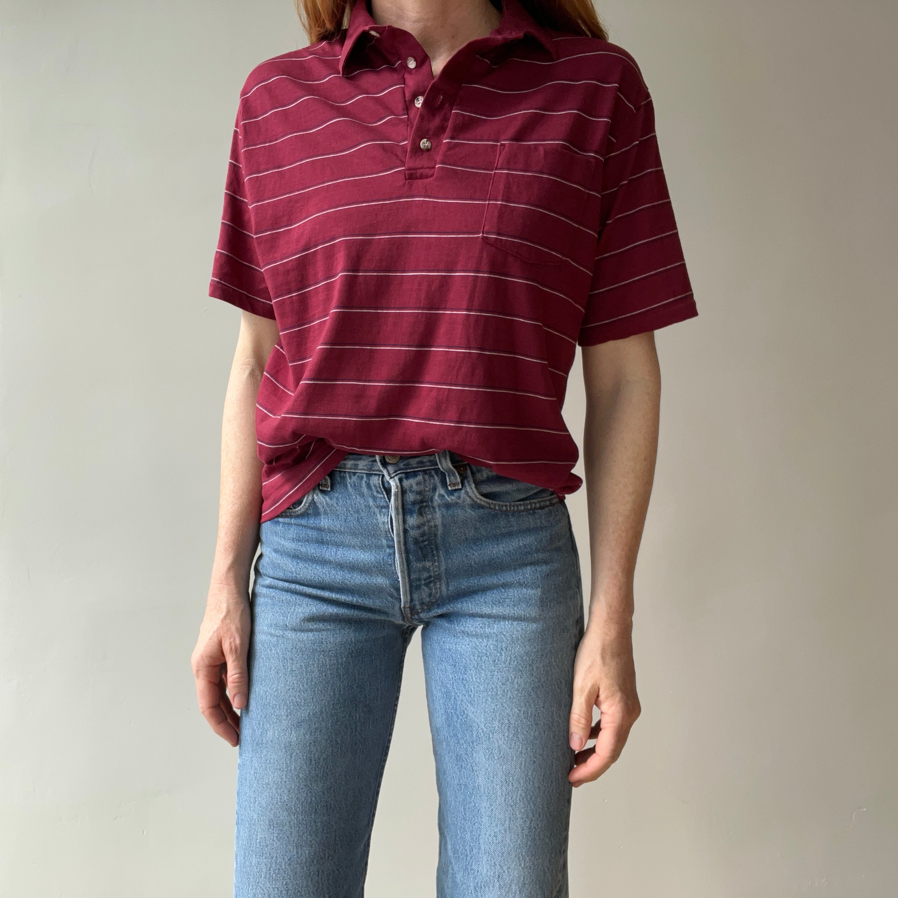 1980s Herman's Lightweight Striped Polo with Small Wear Holes - A DELIGHT