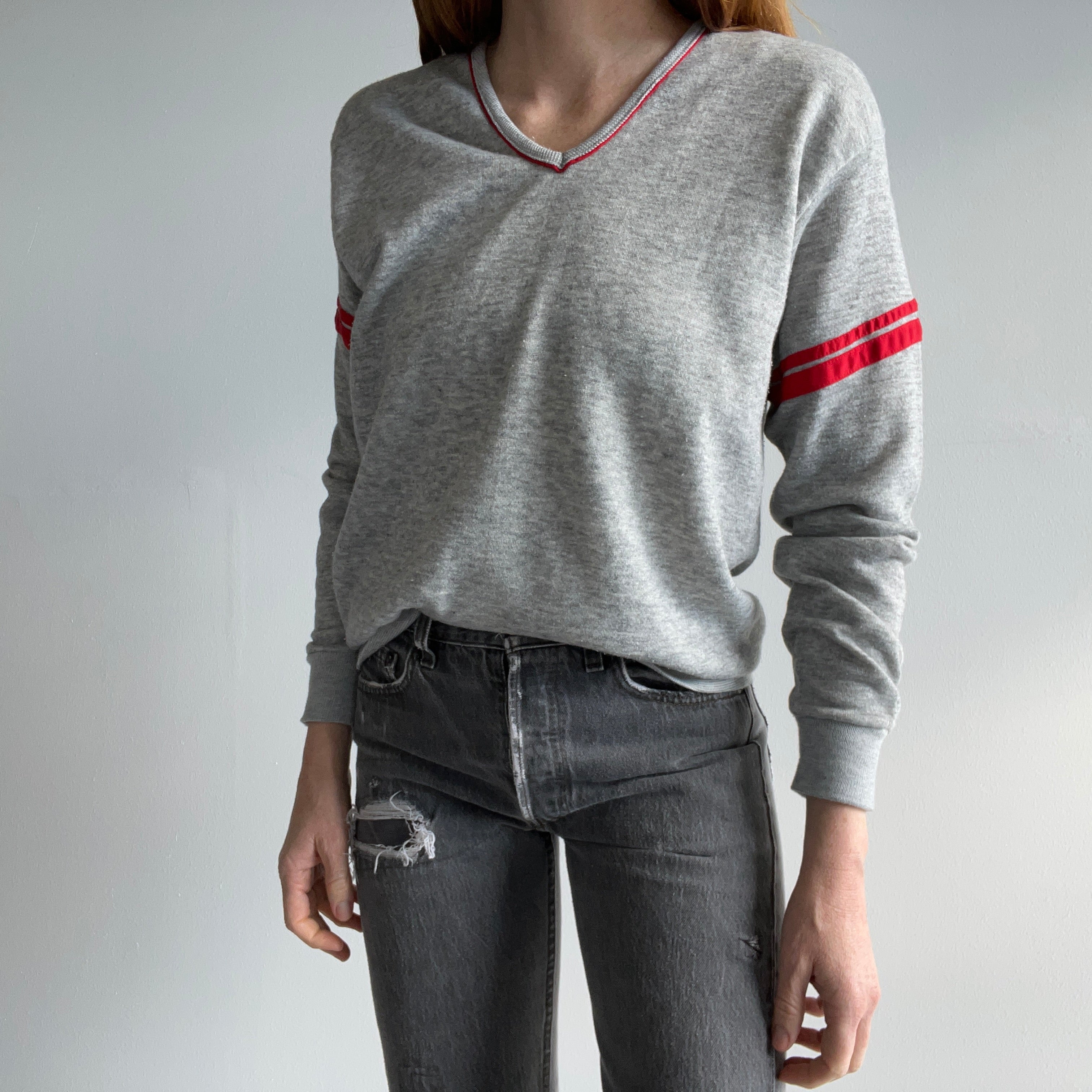 1980s Super Cool Gray and Red V-Neck Sweatshirt