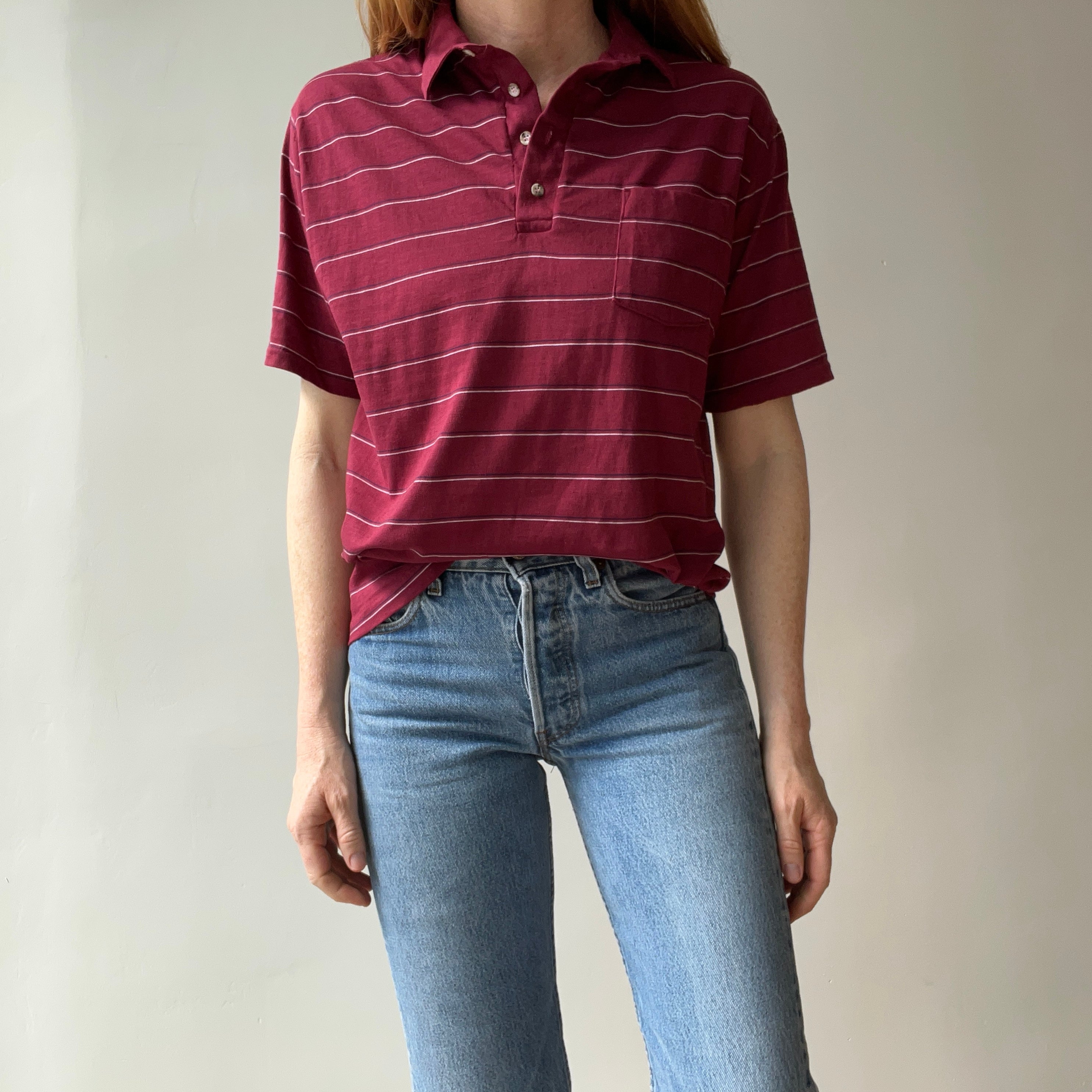 1980s Herman's Lightweight Striped Polo with Small Wear Holes - A DELIGHT