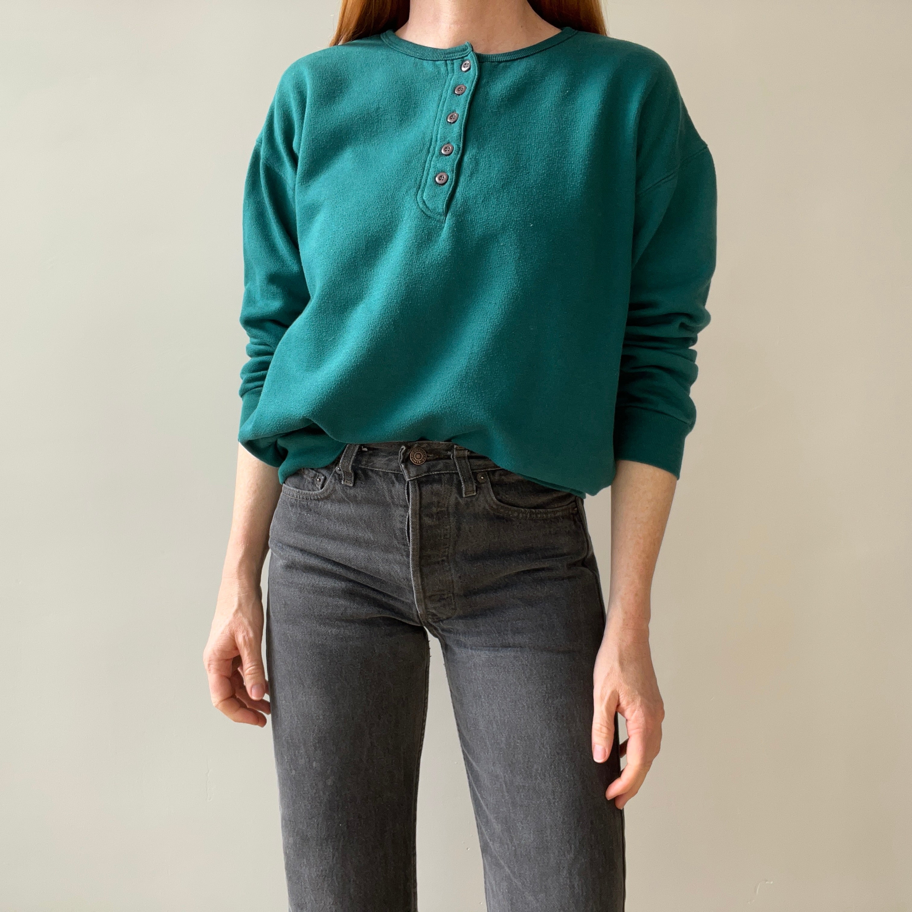 1980s Deep Teal Blue Green Henley Sweatshirt - Fun Fit