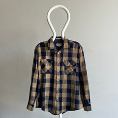 1970s Soft Tan and Navy Buffalo Plaid Flannel with Mending