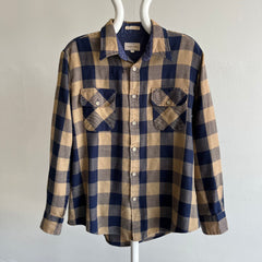 1970s Soft Tan and Navy Buffalo Plaid Flannel with Mending