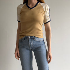 1970/80s Tri Colored Fitted V-Neck Ring T-Shirt - Jersey Knit