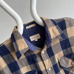 1970s Soft Tan and Navy Buffalo Plaid Flannel with Mending