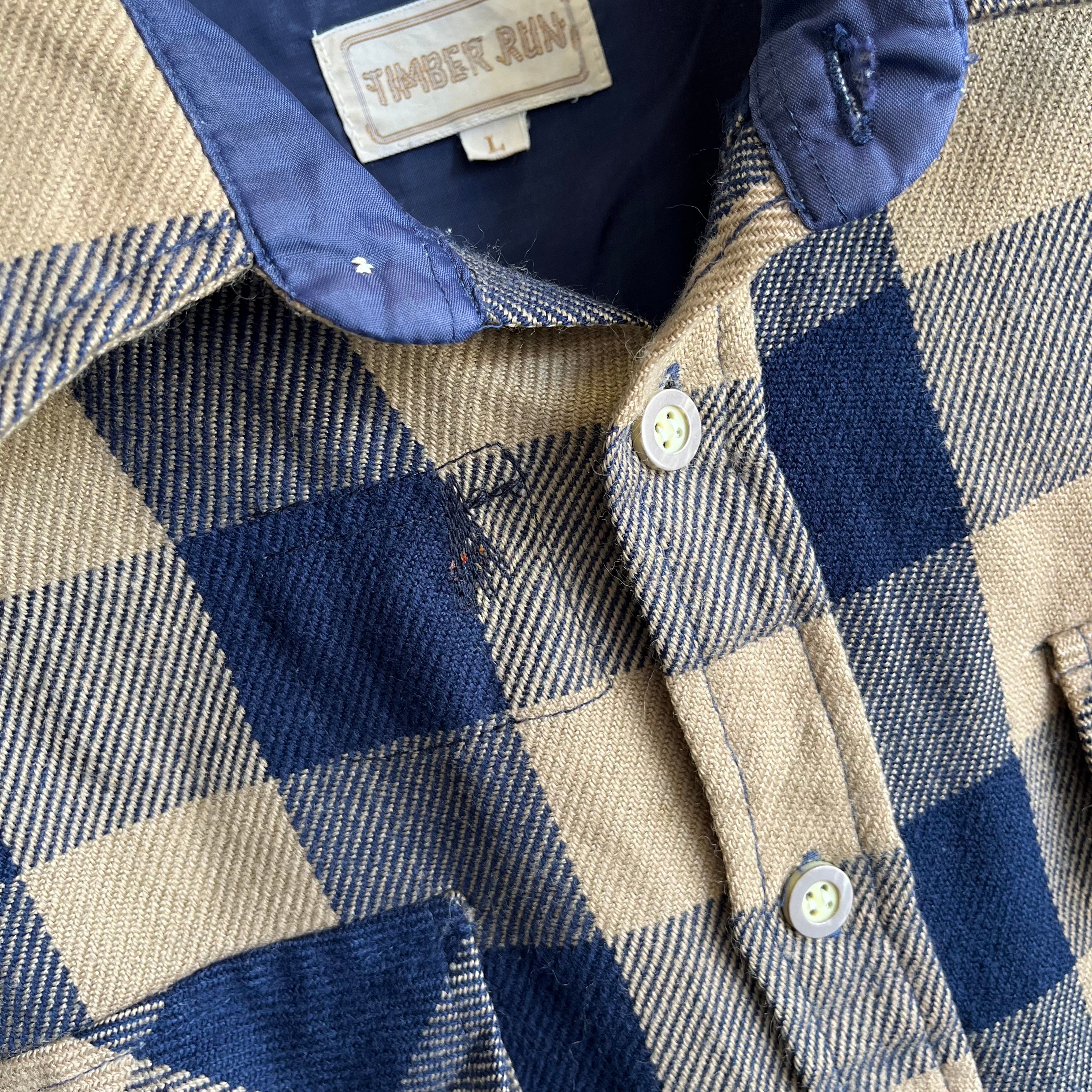 1970s Soft Tan and Navy Buffalo Plaid Flannel with Mending