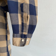 1970s Soft Tan and Navy Buffalo Plaid Flannel with Mending