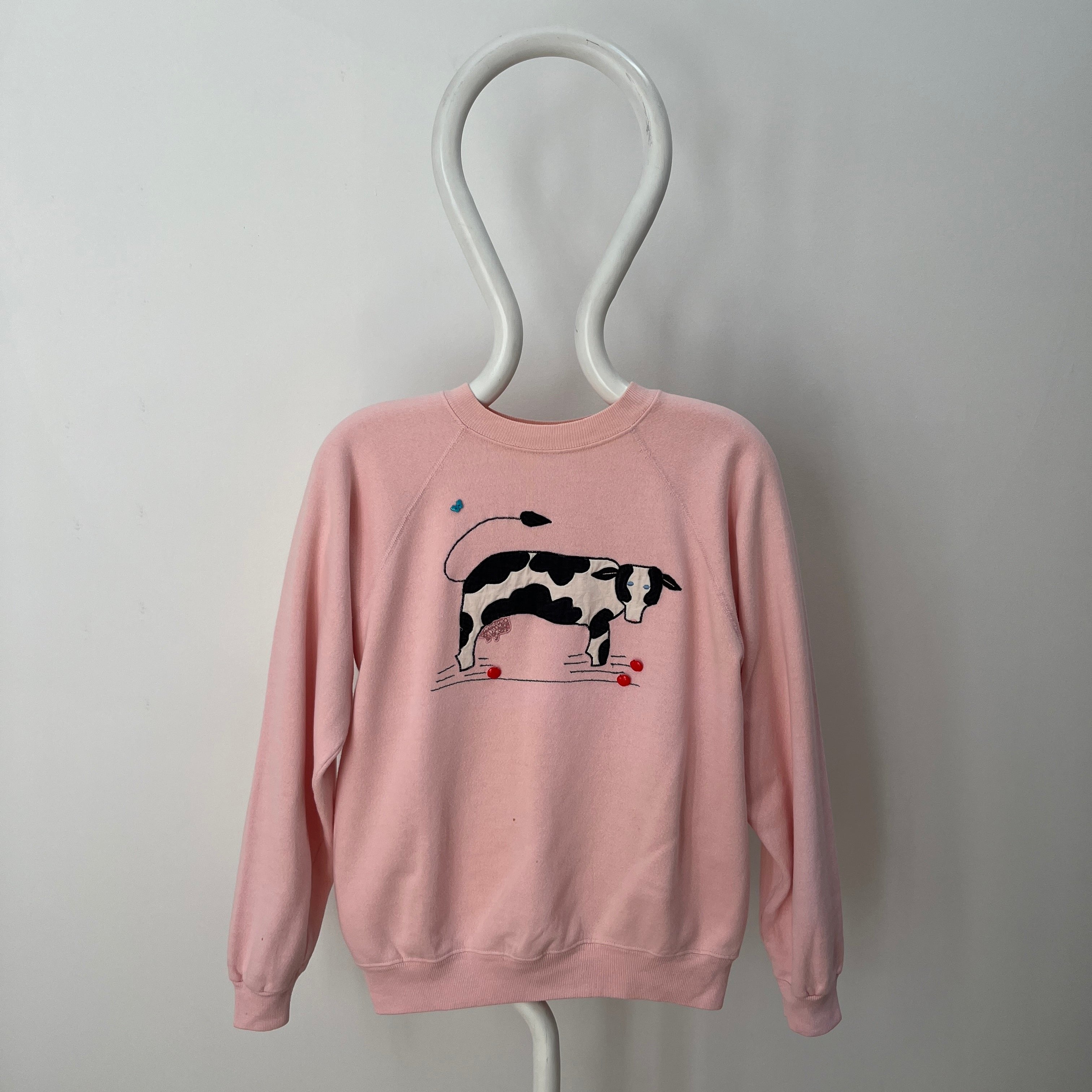 1980s DIY Quilted Cow Sweatshirt with Apple and Butterfly Buttons