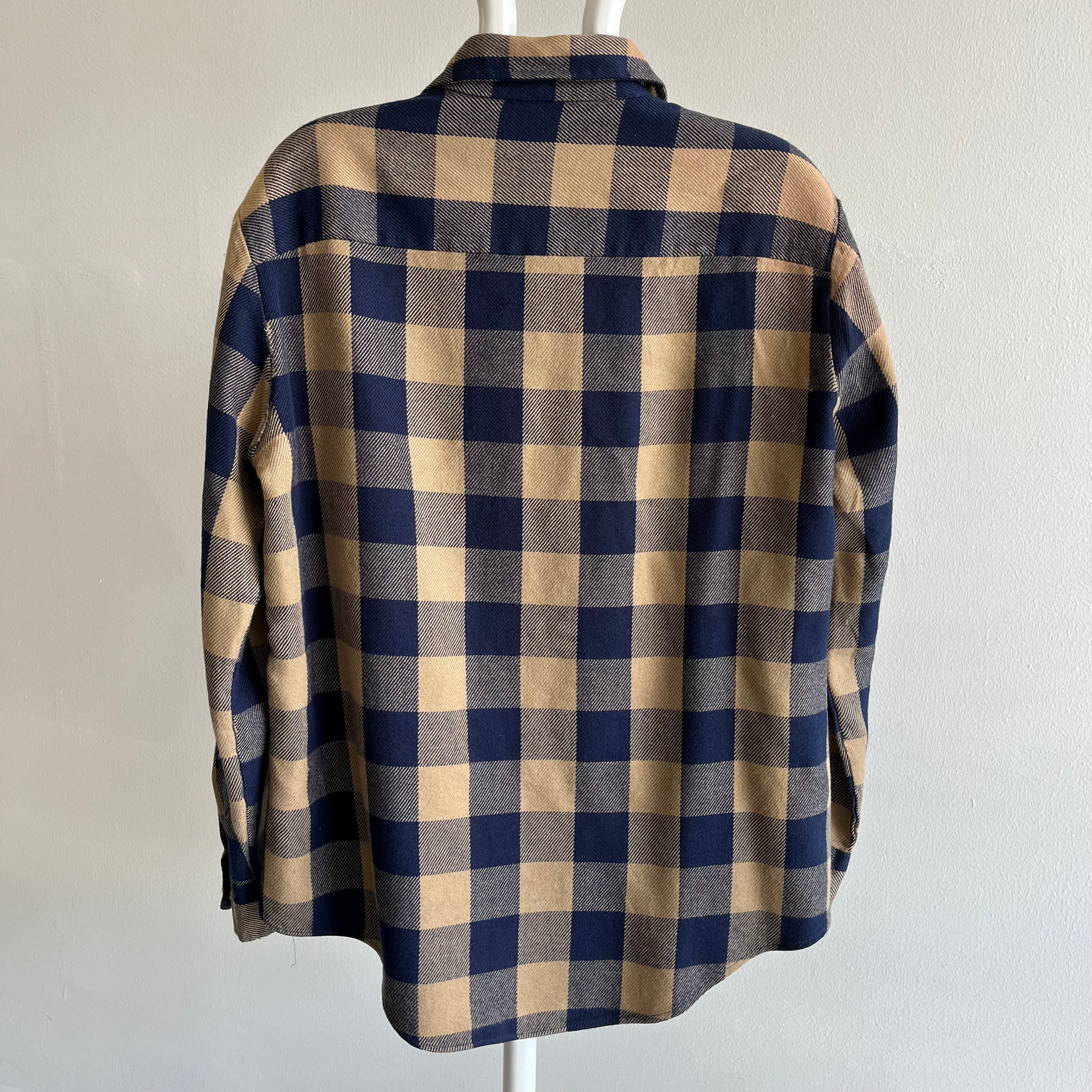 1970s Soft Tan and Navy Buffalo Plaid Flannel with Mending