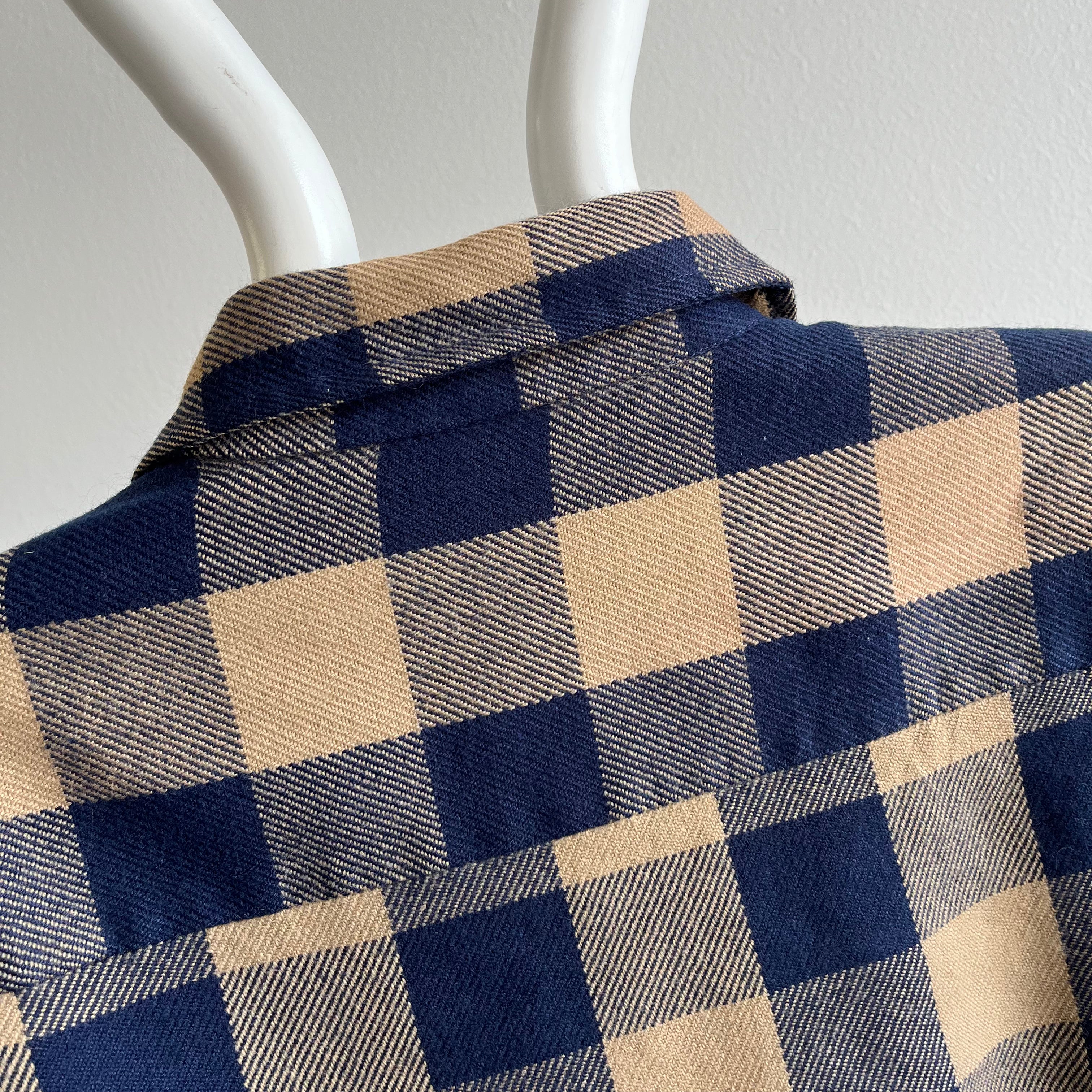 1970s Soft Tan and Navy Buffalo Plaid Flannel with Mending