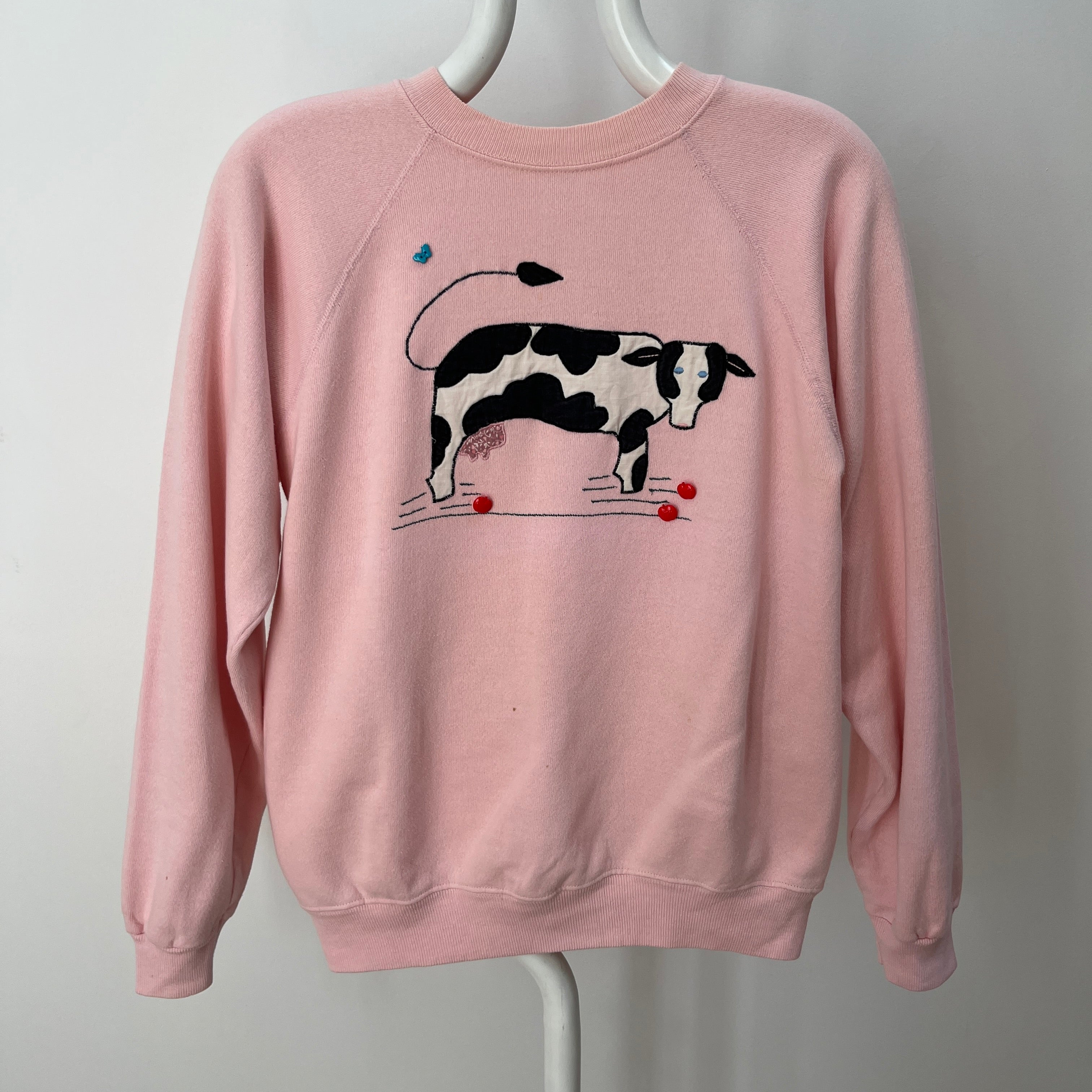 1980s DIY Quilted Cow Sweatshirt with Apple and Butterfly Buttons