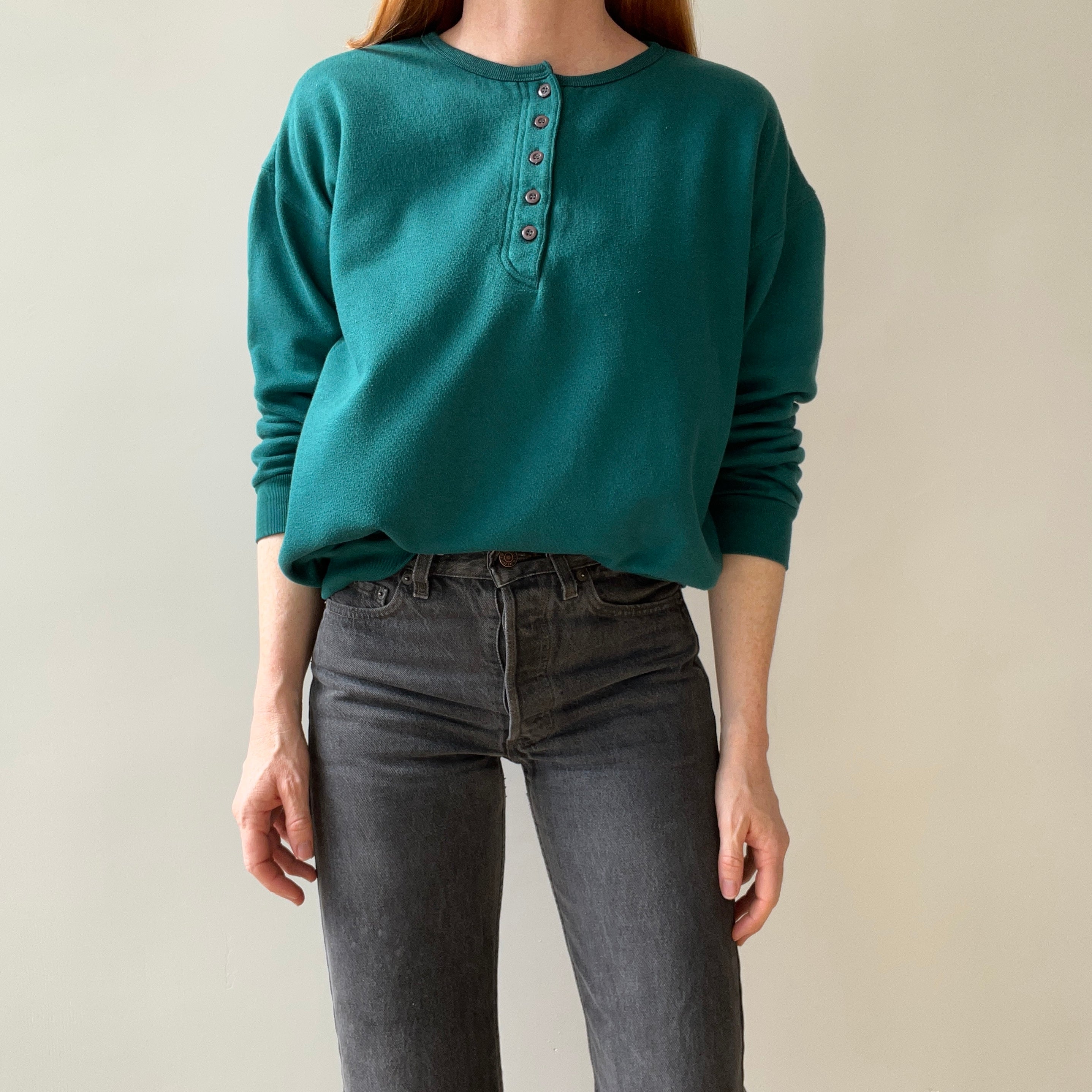 1980s Deep Teal Blue Green Henley Sweatshirt - Fun Fit