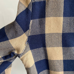 1970s Soft Tan and Navy Buffalo Plaid Flannel with Mending