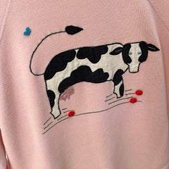 1980s DIY Quilted Cow Sweatshirt with Apple and Butterfly Buttons