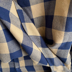 1970s Soft Tan and Navy Buffalo Plaid Flannel with Mending