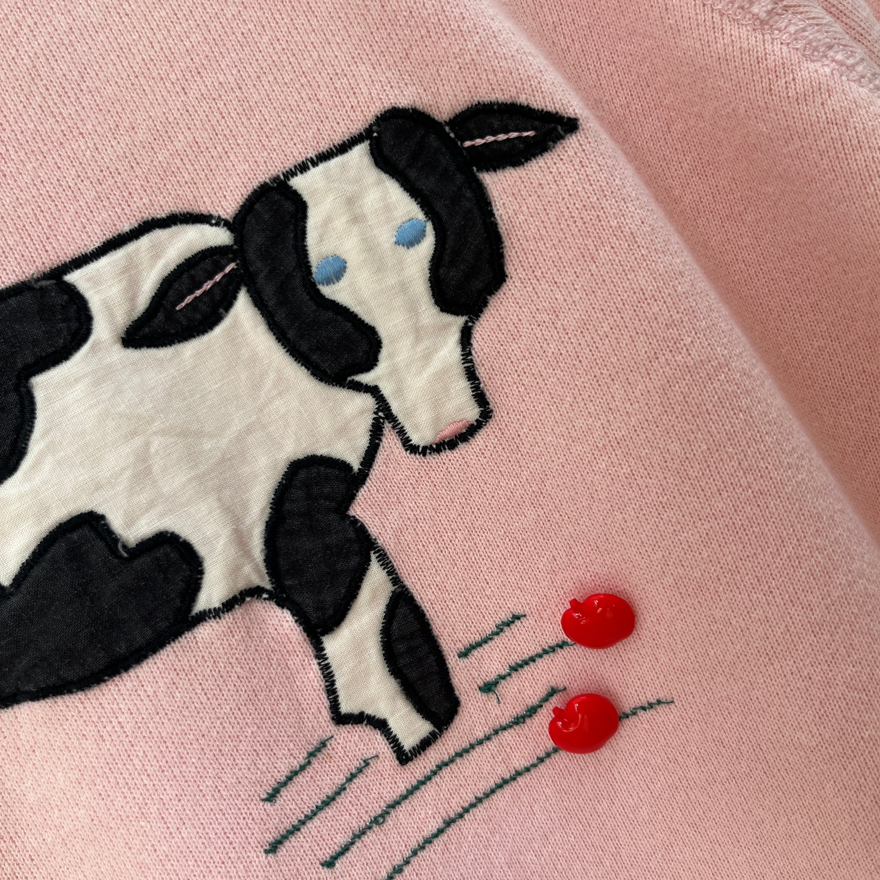 1980s DIY Quilted Cow Sweatshirt with Apple and Butterfly Buttons