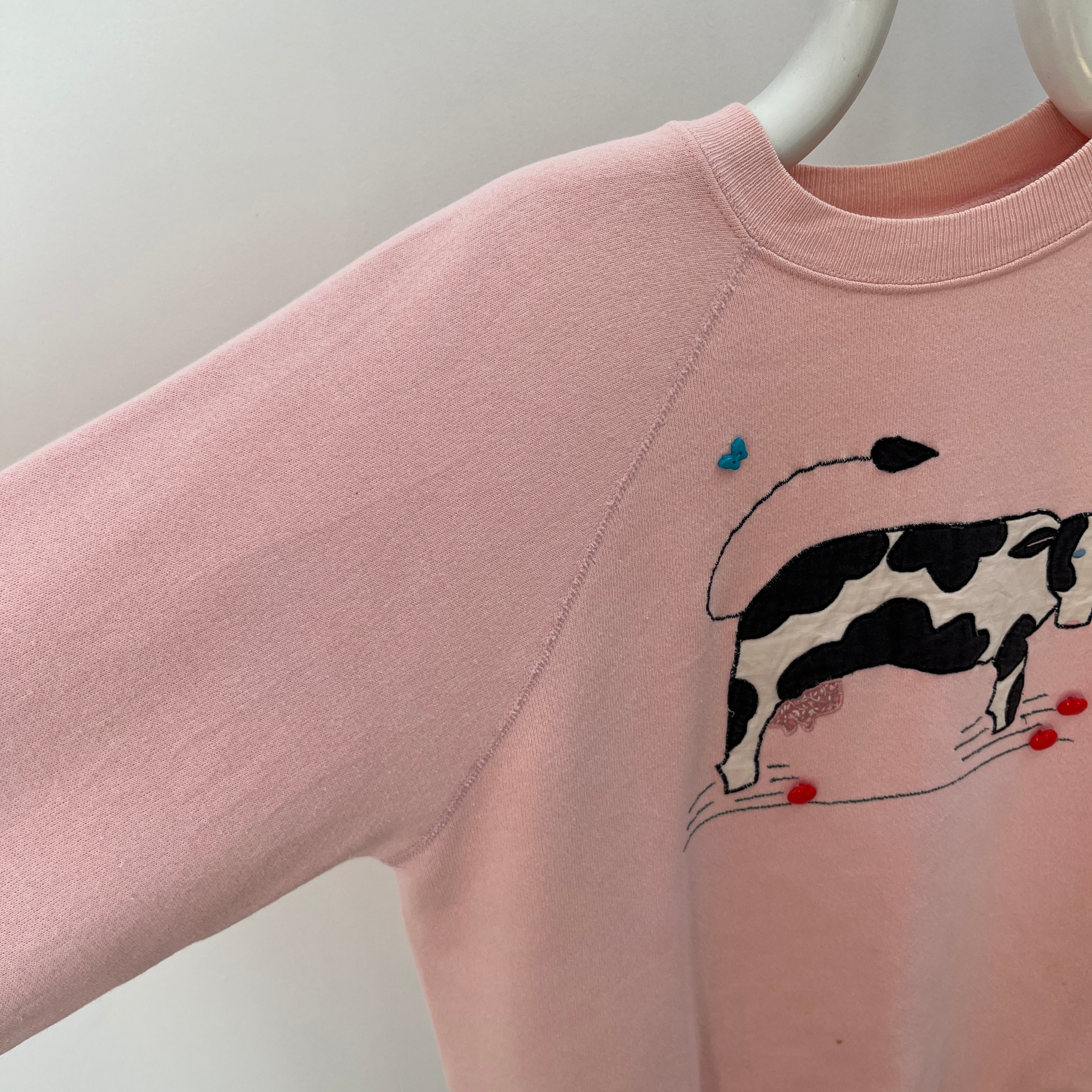 1980s DIY Quilted Cow Sweatshirt with Apple and Butterfly Buttons