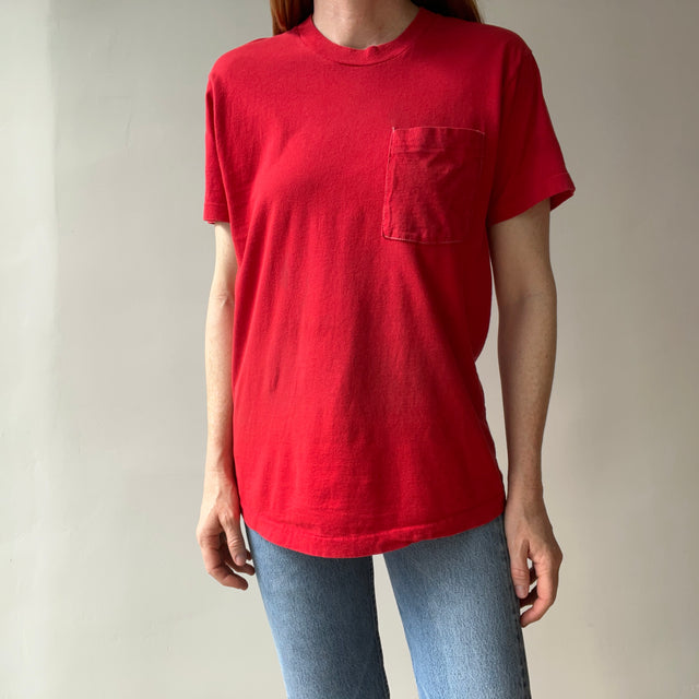 1980s White Contrast Pocket Stitching on this Red Stained Beauty T-Shirt