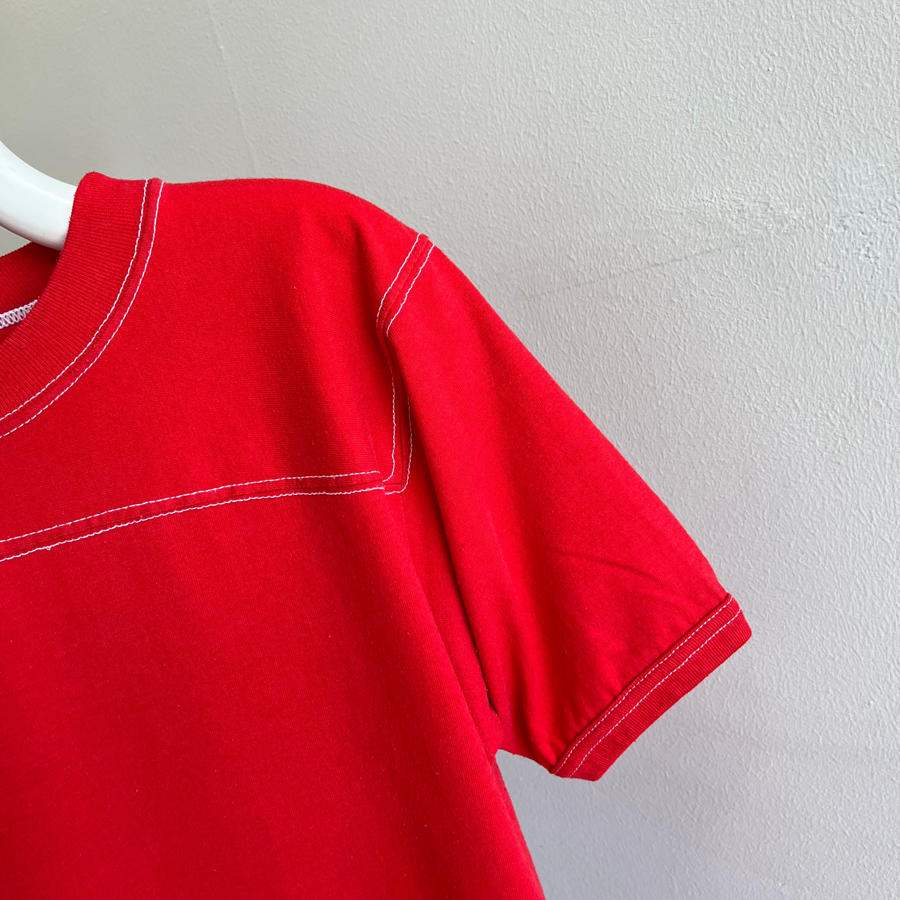 1970/80s Blank Red Football T-Shirt with Contrast White Stitching