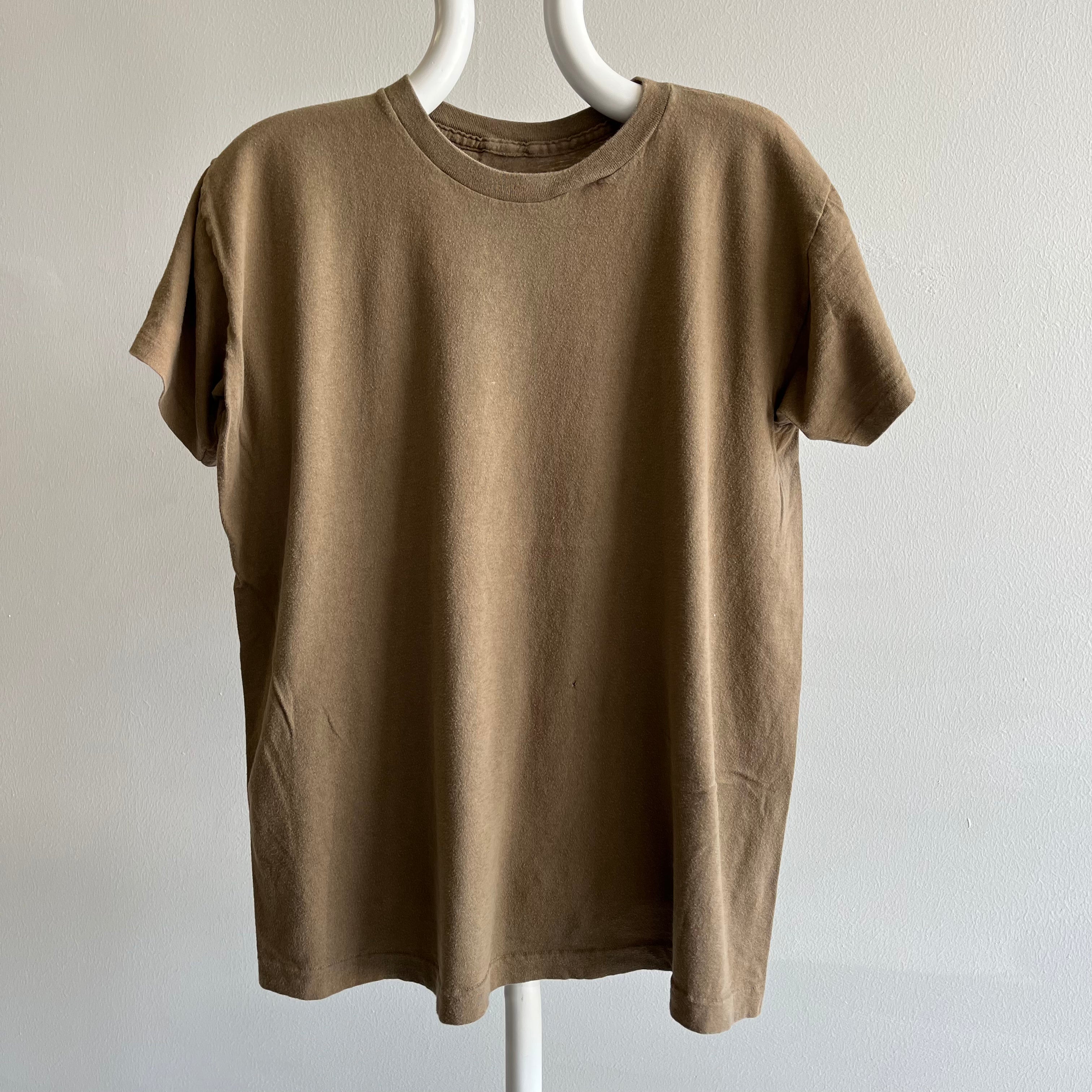 1980s Sun Faded Army Brown Blank Single Stitch T-Shirt