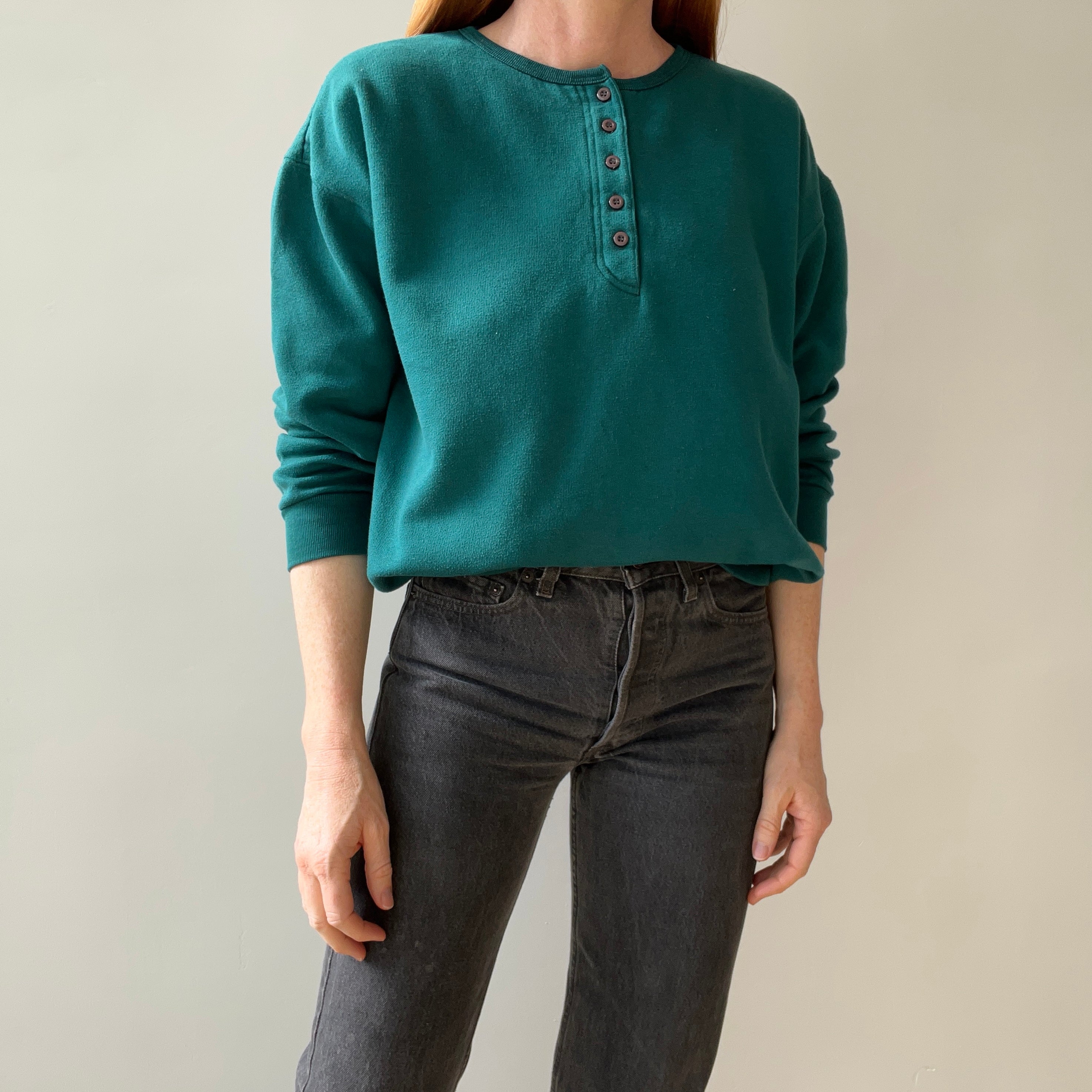 1980s Deep Teal Blue Green Henley Sweatshirt - Fun Fit