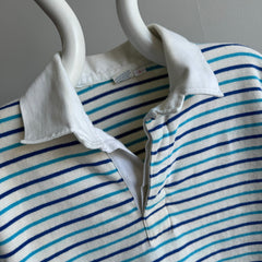 1980s Heavyweight Blue and Natural White Striped Rugby Shirt - So Good