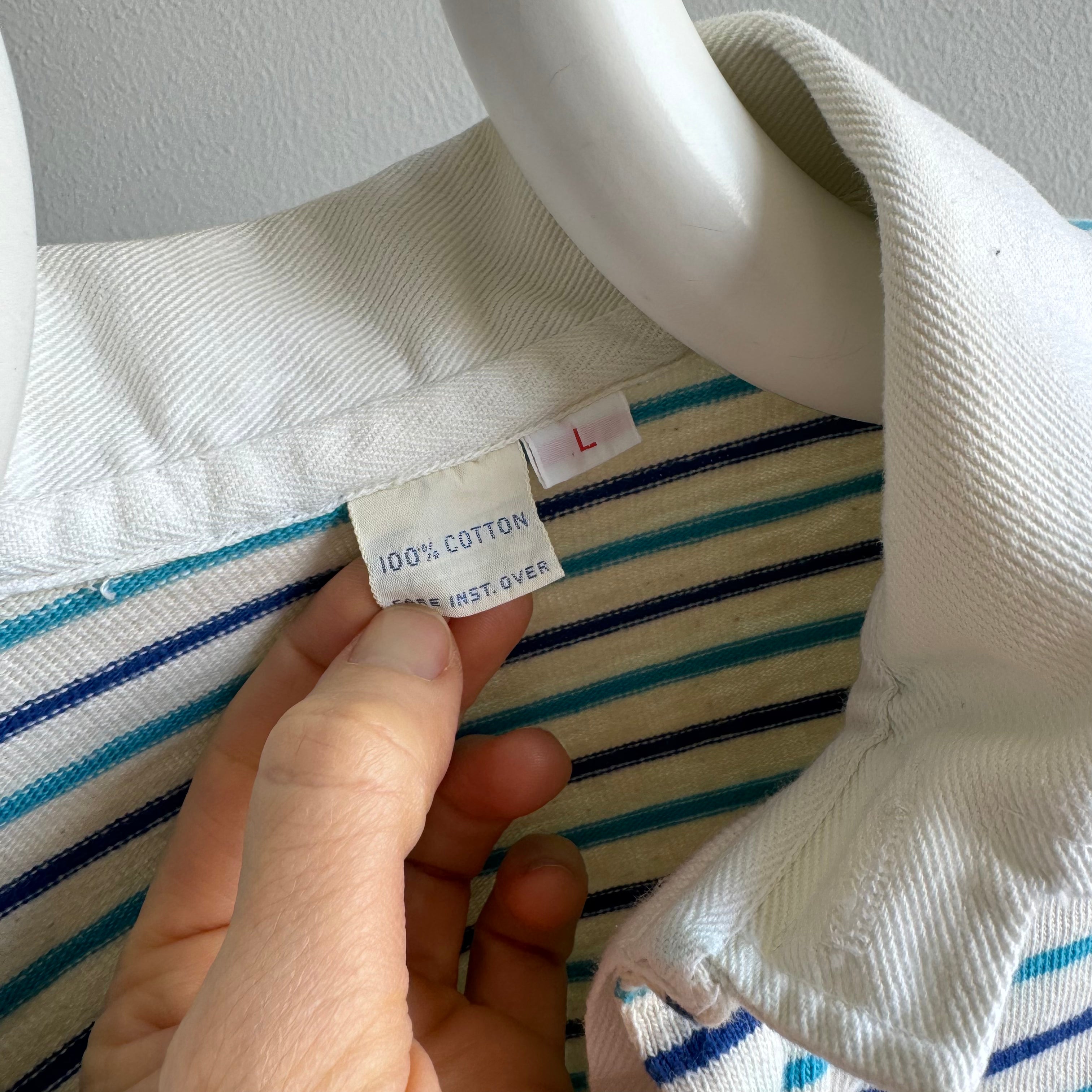 1980s Heavyweight Blue and Natural White Striped Rugby Shirt - So Good