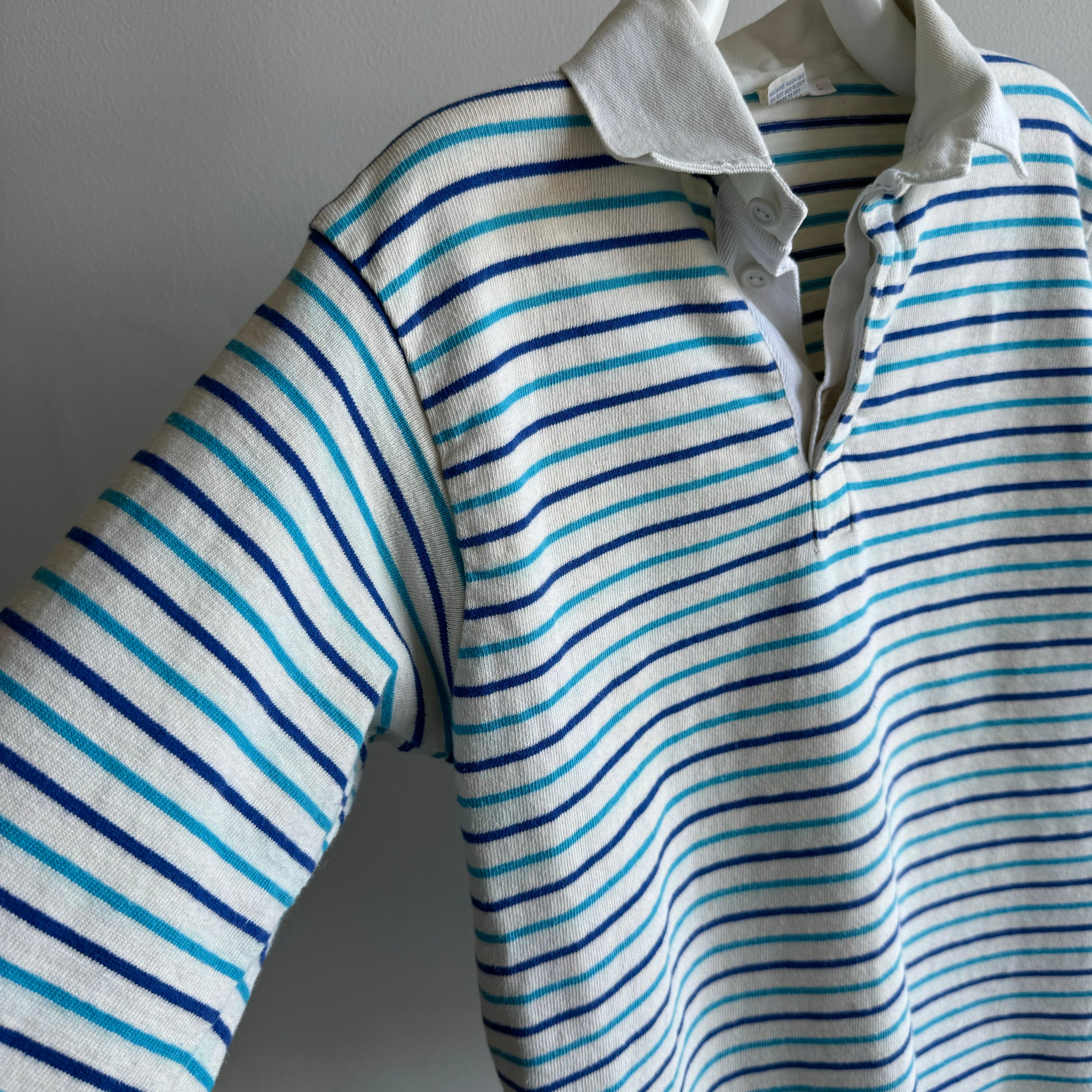 1980s Heavyweight Blue and Natural White Striped Rugby Shirt - So Good